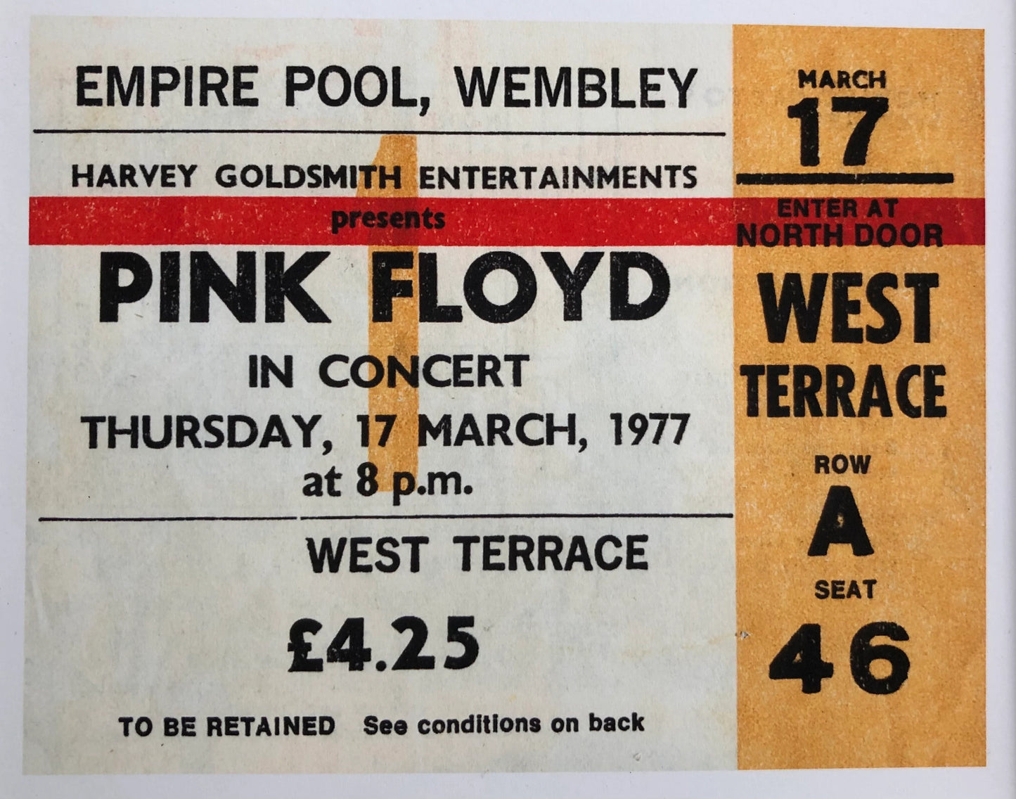 PINK FLOYD - 1977 Empire Pool , Wembley , London framed ticket giclee print