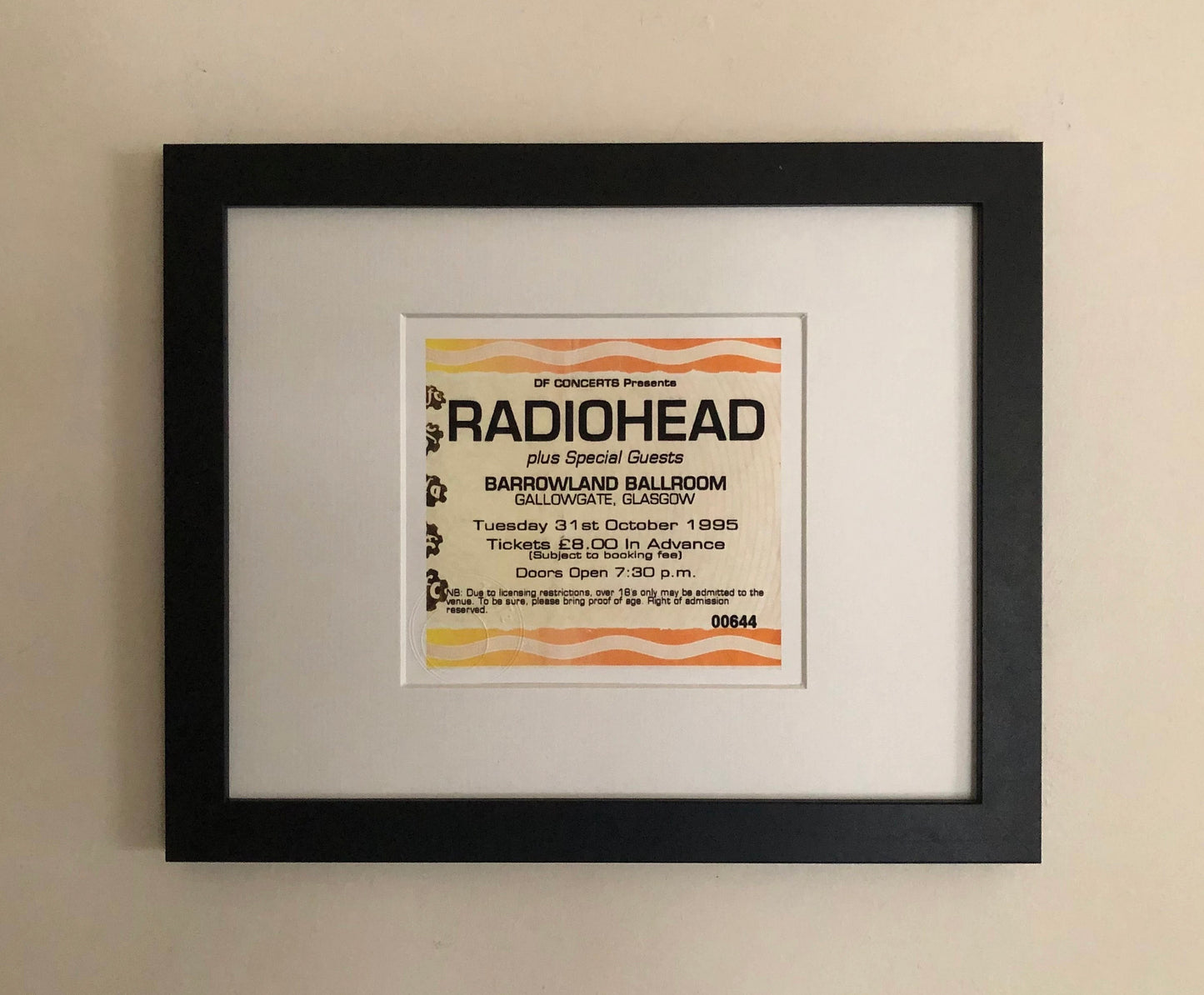 RADIOHEAD - 1995 Barrowland Ballroom, Glasgow framed ticket giclee print
