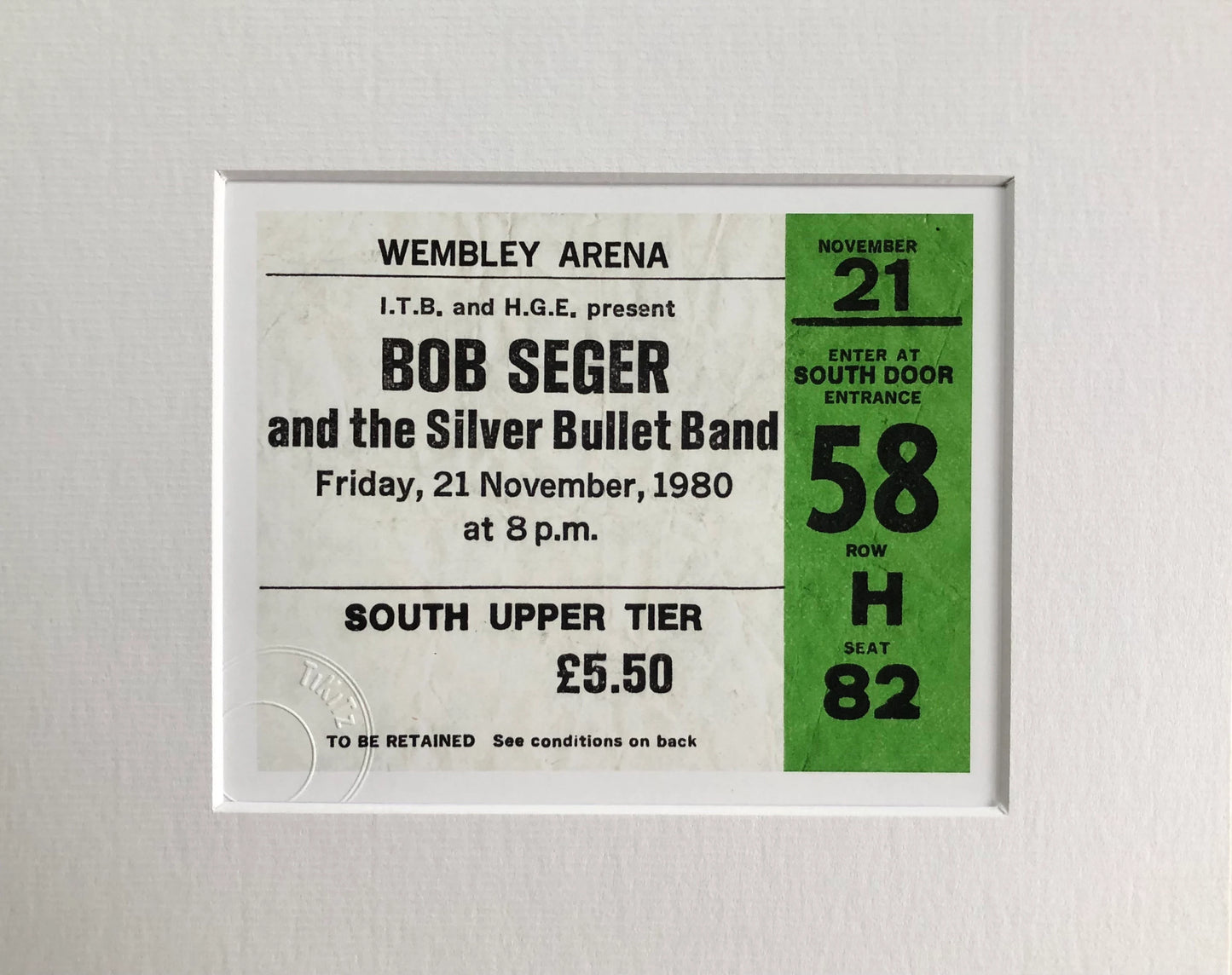 BOB SEGER and the SILVER BULLET BAND- 1980 Wembley Arena , London framed ticket giclee print