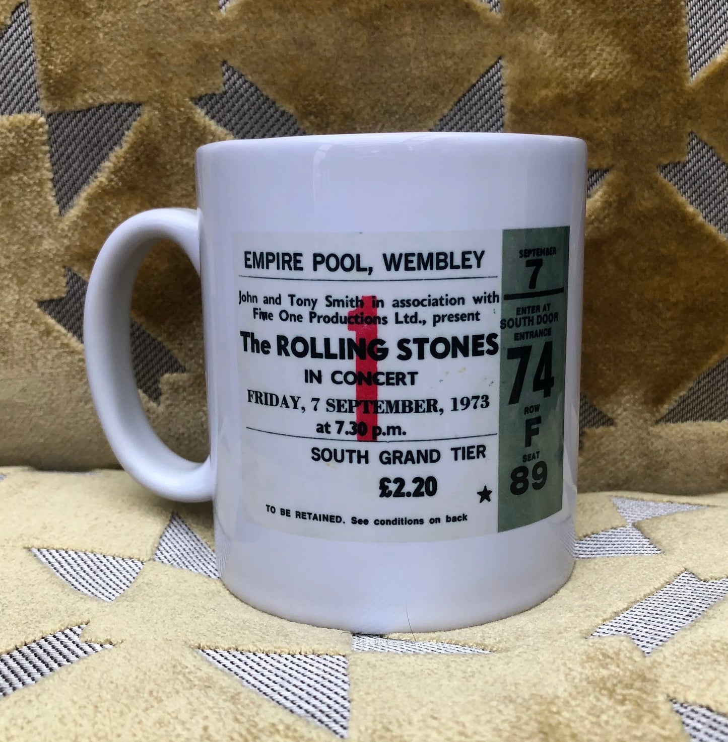 ROLLING STONES - 11oz ceramic mug featuring the 1973 Empire Pool ,Wembley, London ticket on both sides
