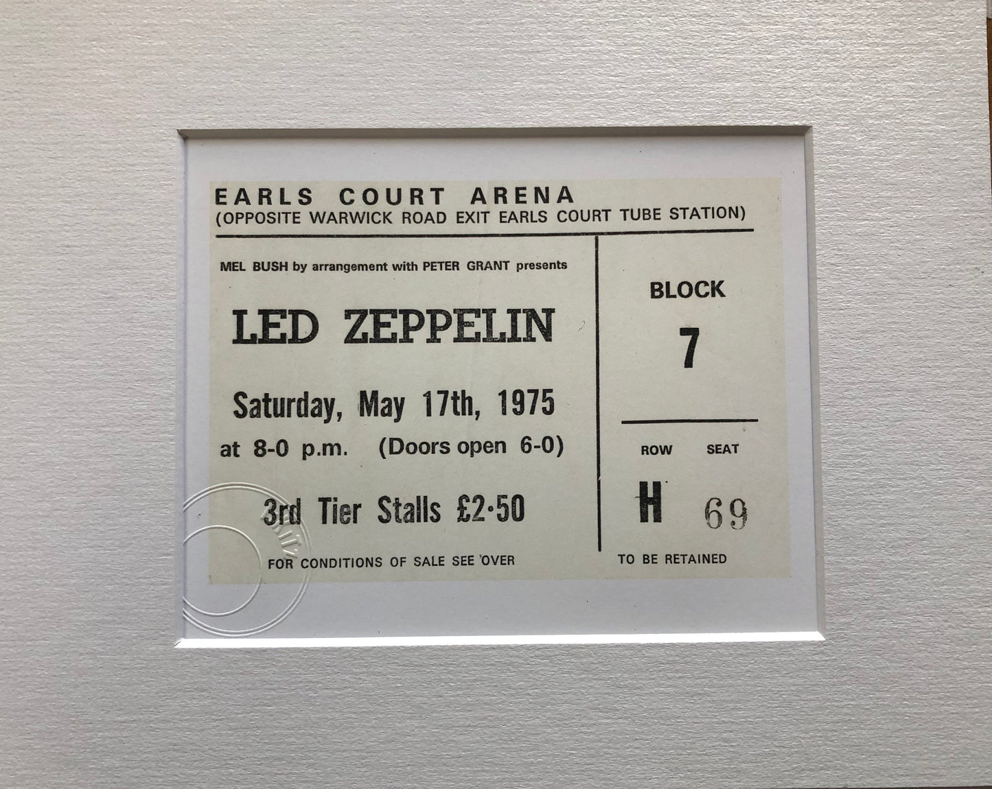 LED ZEPPELIN - 1975 Earls Court , London framed ticket giclee print