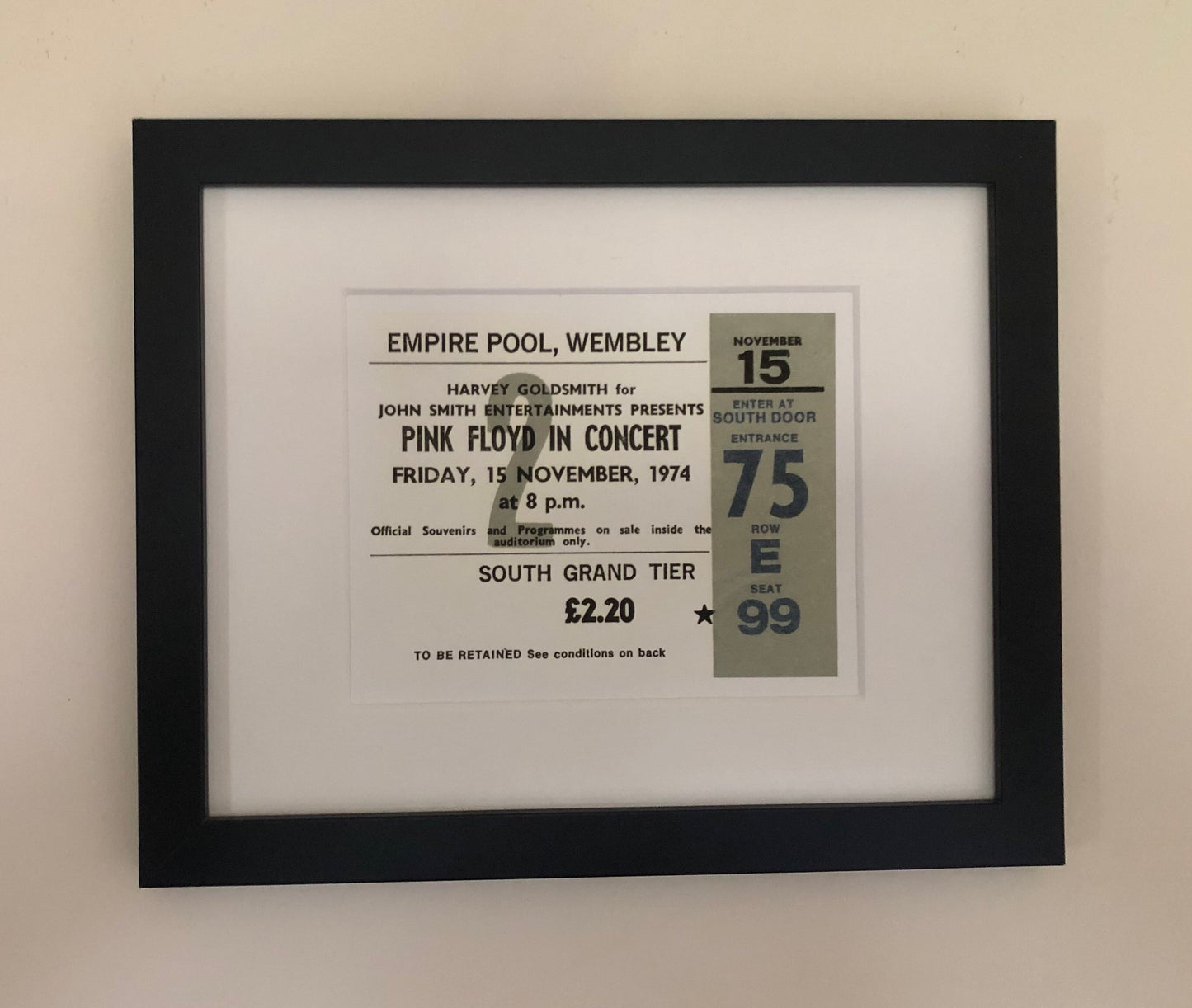 PINK FLOYD - 1974 Empire Pool , Wembley London framed ticket giclee print