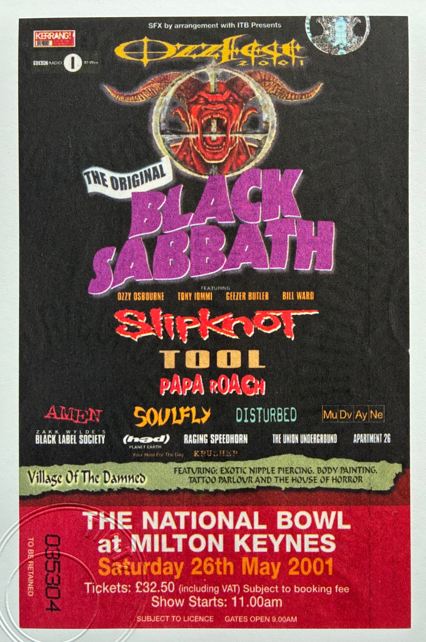 BLACK SABBATH - 2001- “ Ozzfest 2001 ” Milton Keynes framed ticket giclee print