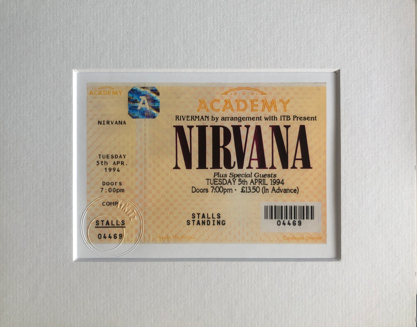 NIRVANA - 1994 Brixton Academy, London framed ticket giclee print
