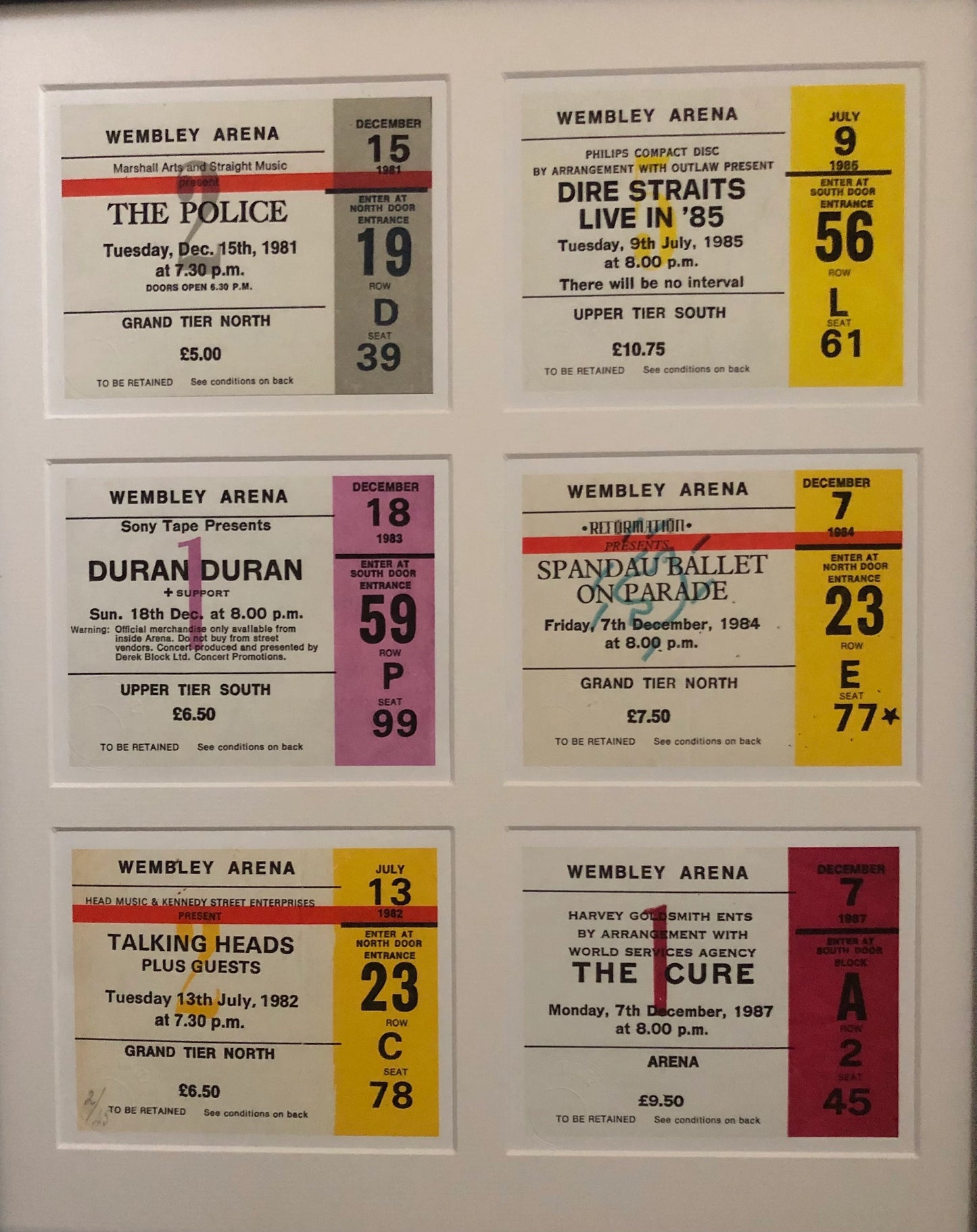 THE EIGHTIES- A framed limited edition giclee print comprising of 6 Individual Wembley concert tickets from the1980s