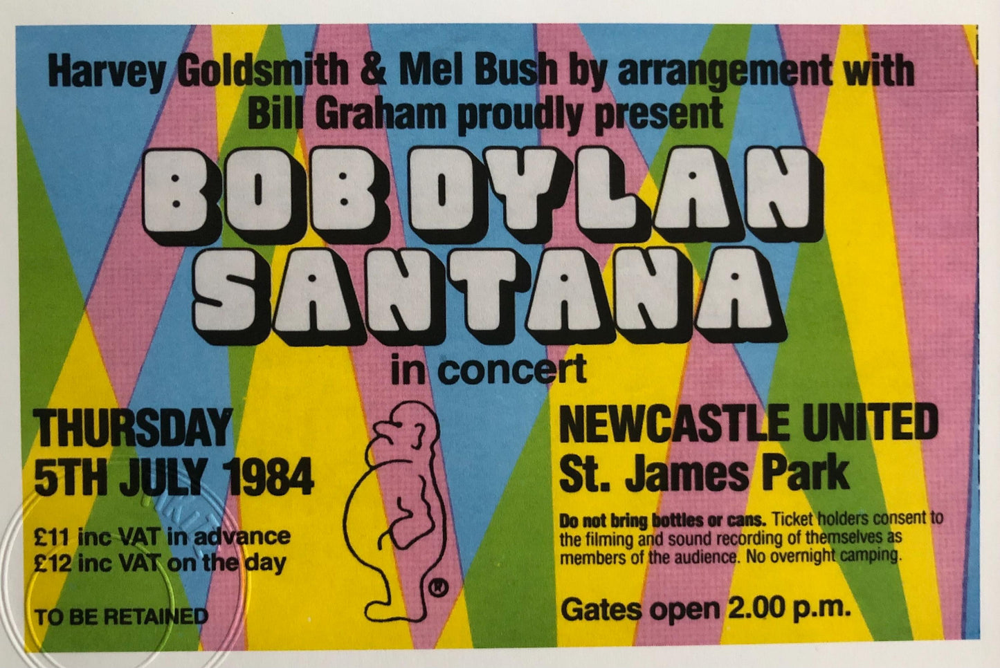 BOB DYLAN / SANTANA - 1984 St. James Park, Newcastle framed ticket giclee print