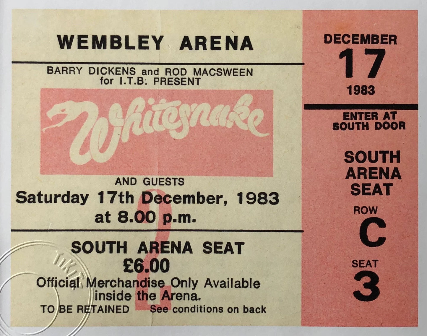 WHITESNAKE - 1983 Wembley Arena , London framed ticket giclee print