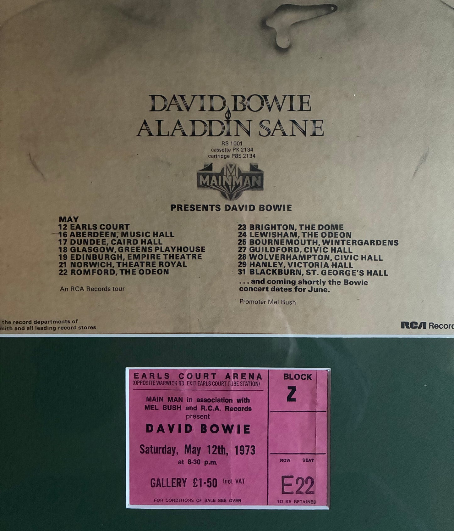 DAVID BOWIE - 1973 “ Aladdin Sane tour “ concert advert and original ticket for the Earls Court, London concert on 12/5/1973 . Framed