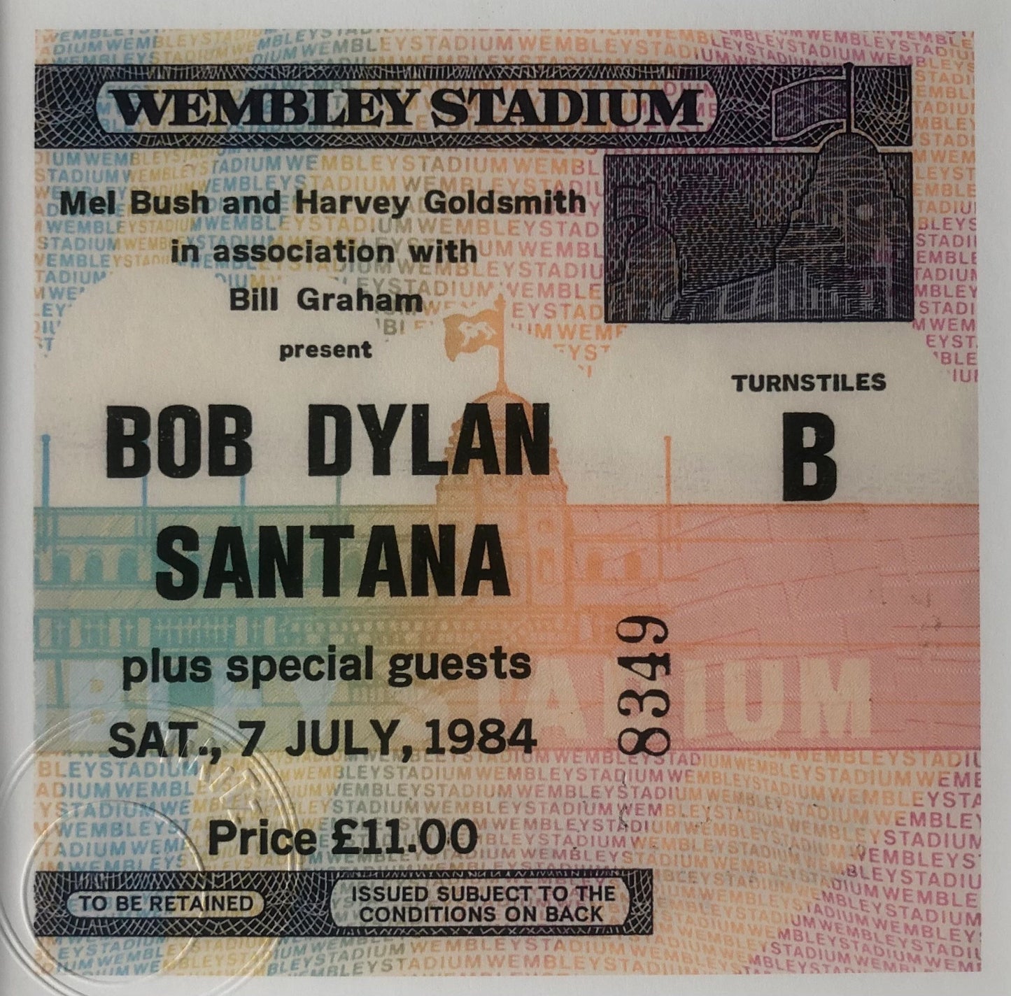 BOB DYLAN / SANTANA - 1984 Wembley Stadium , London framed ticket giclee print