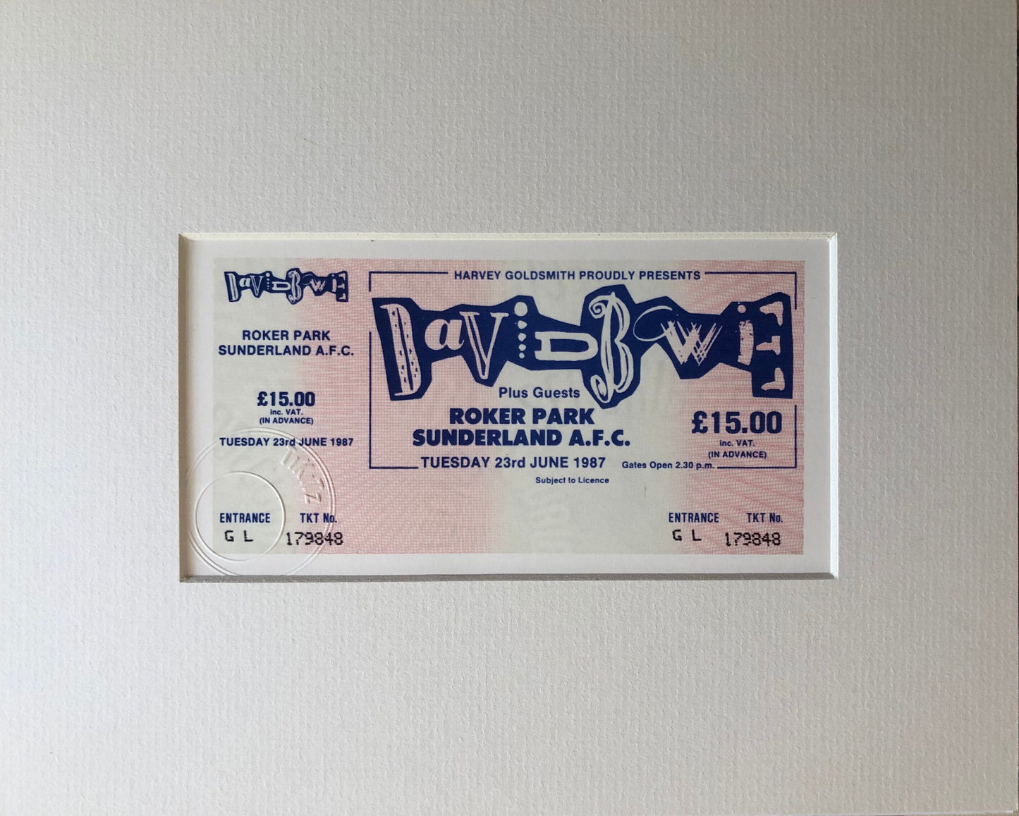 DAVID BOWIE - 1987 “Glass Spider tour” Roker Park, Sunderland AFC framed ticket giclee print