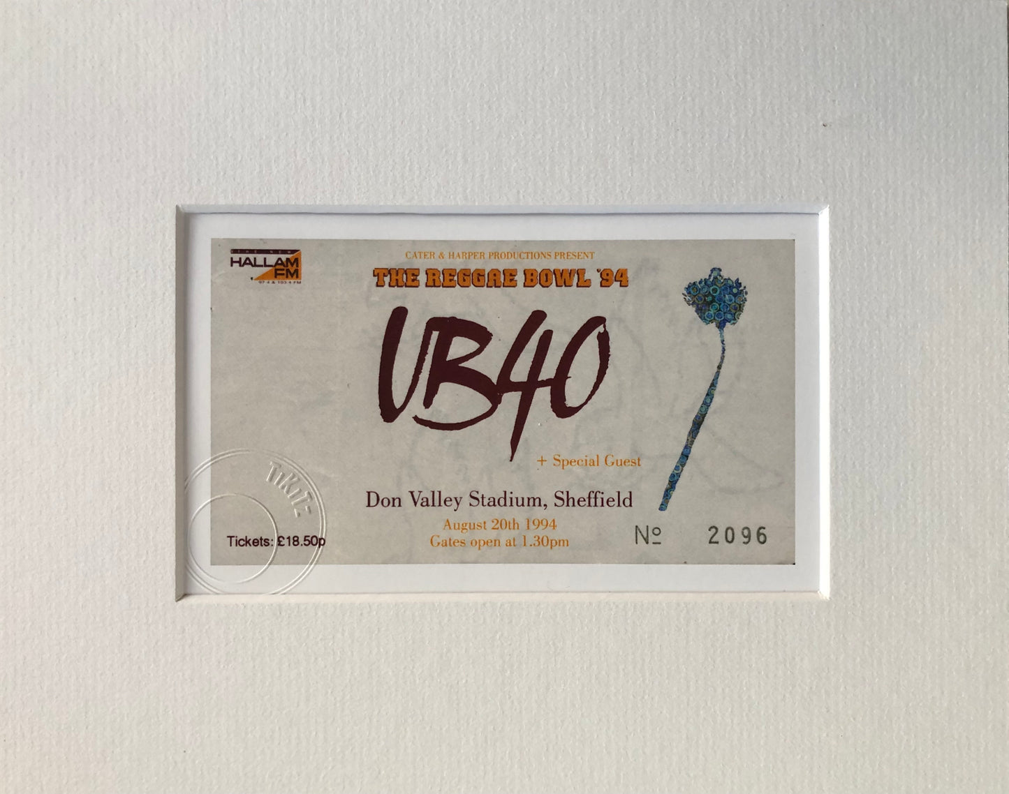 UB40 - “ THE REGGAE BOWL ‘94” Don Valley Stadium , Sheffield framed ticket giclee print