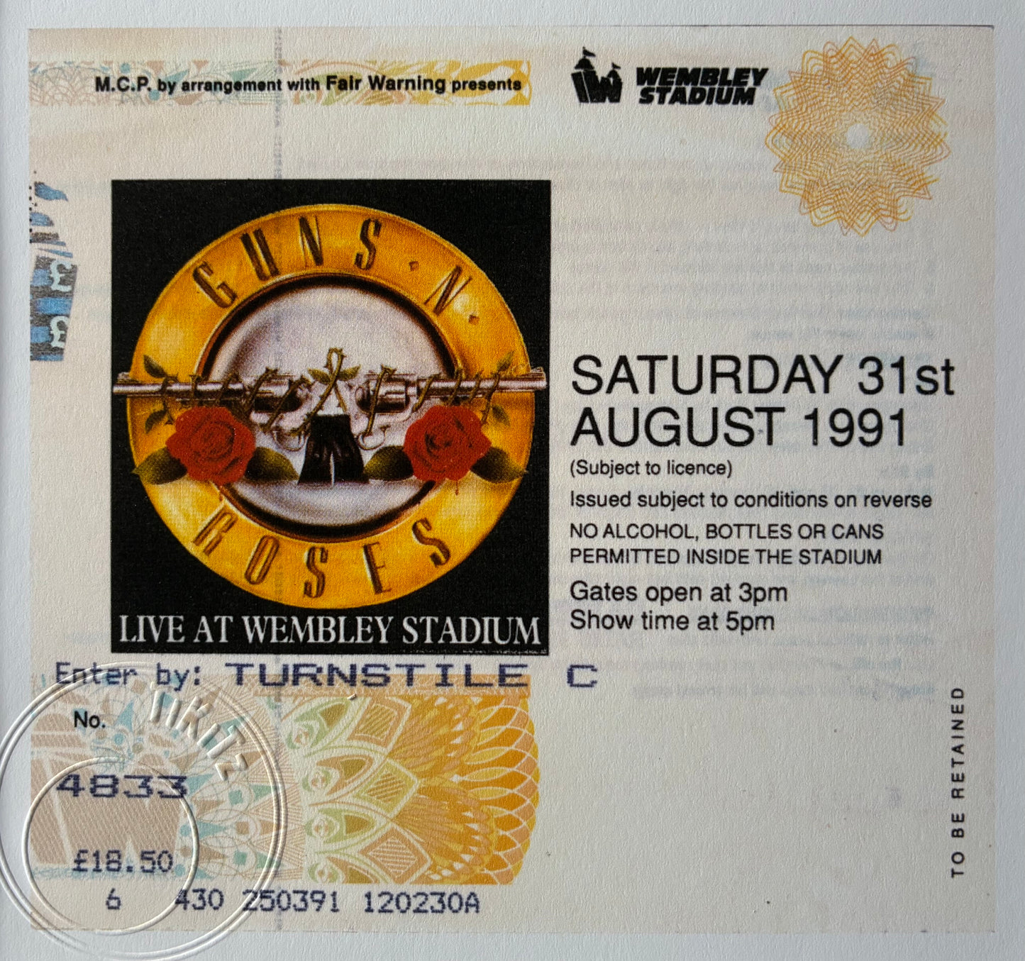 GUNS N ROSES- 1991 Wembley Stadium framed ticket giclee print