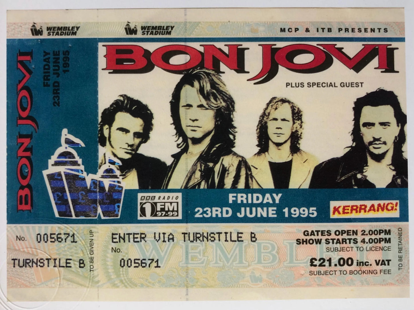 BON JOVI - 1995 Wembley Stadium , London framed ticket giclee print