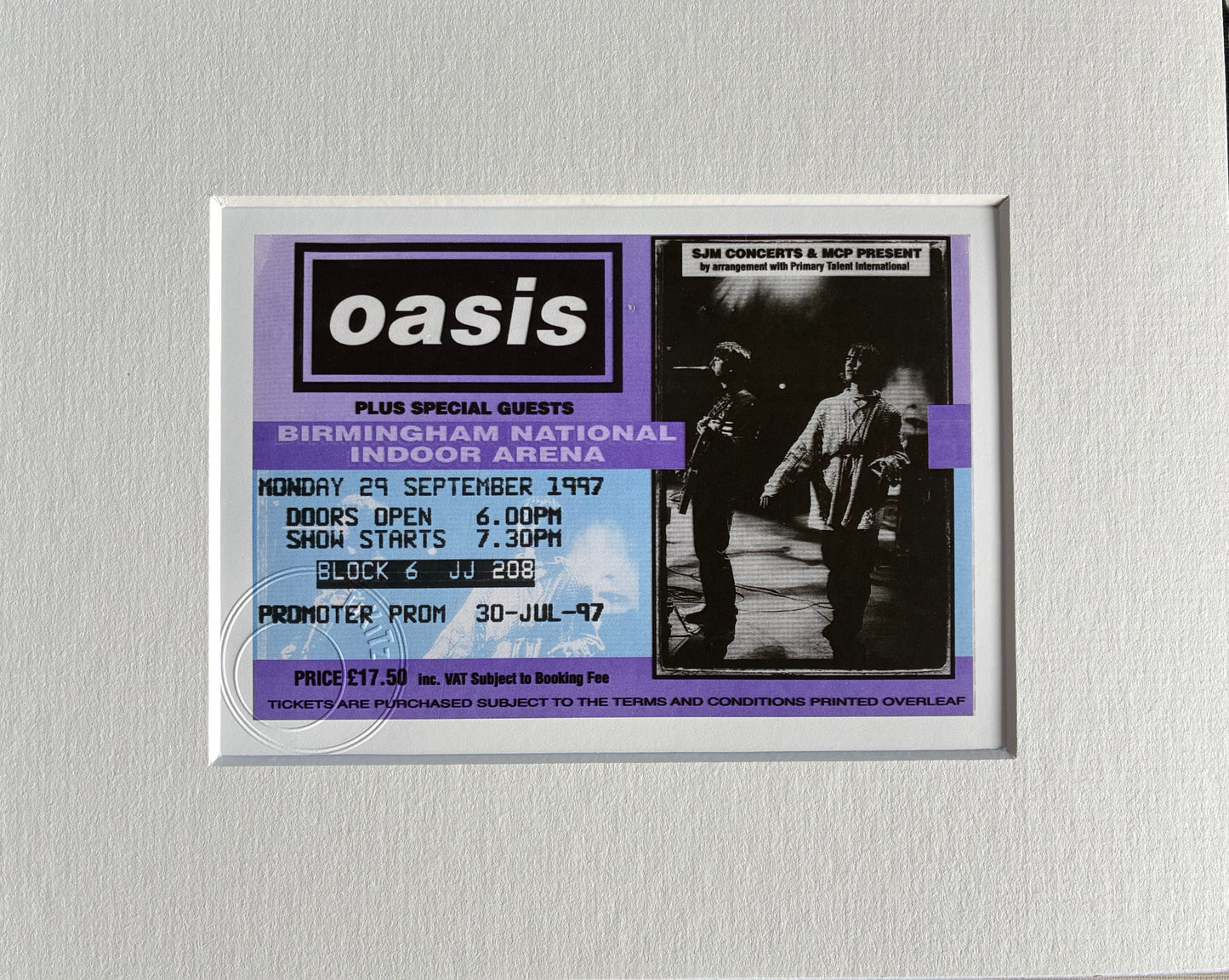 OASIS - 29/9/ 1997 Birmingham National indoor Arena framed ticket giclee print