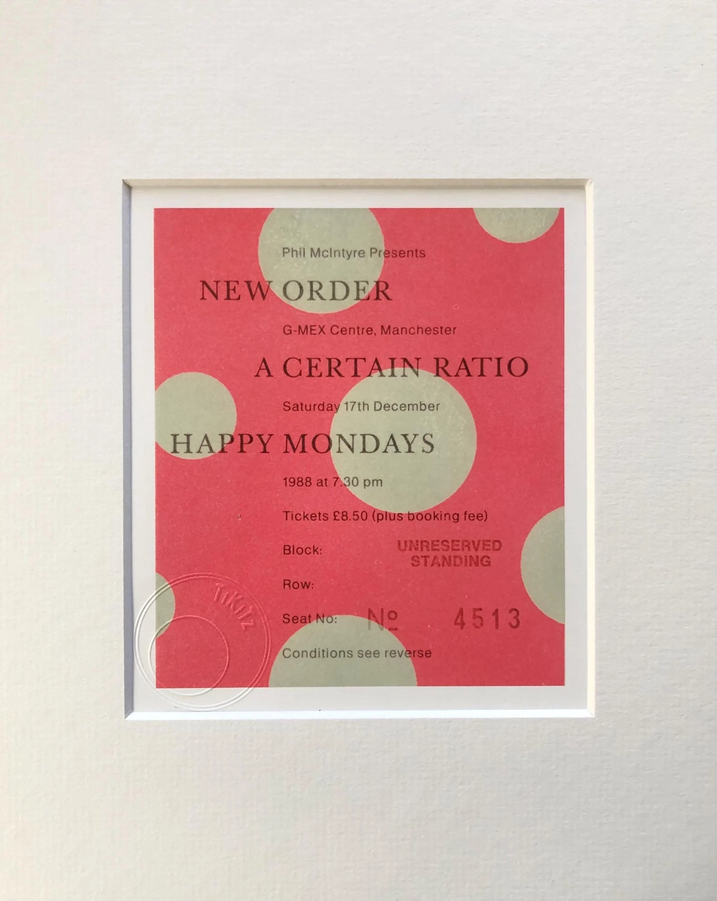 NEW ORDER / HAPPY MONDAYS - 1988 G Mex Centre, Manchester framed ticket giclee print