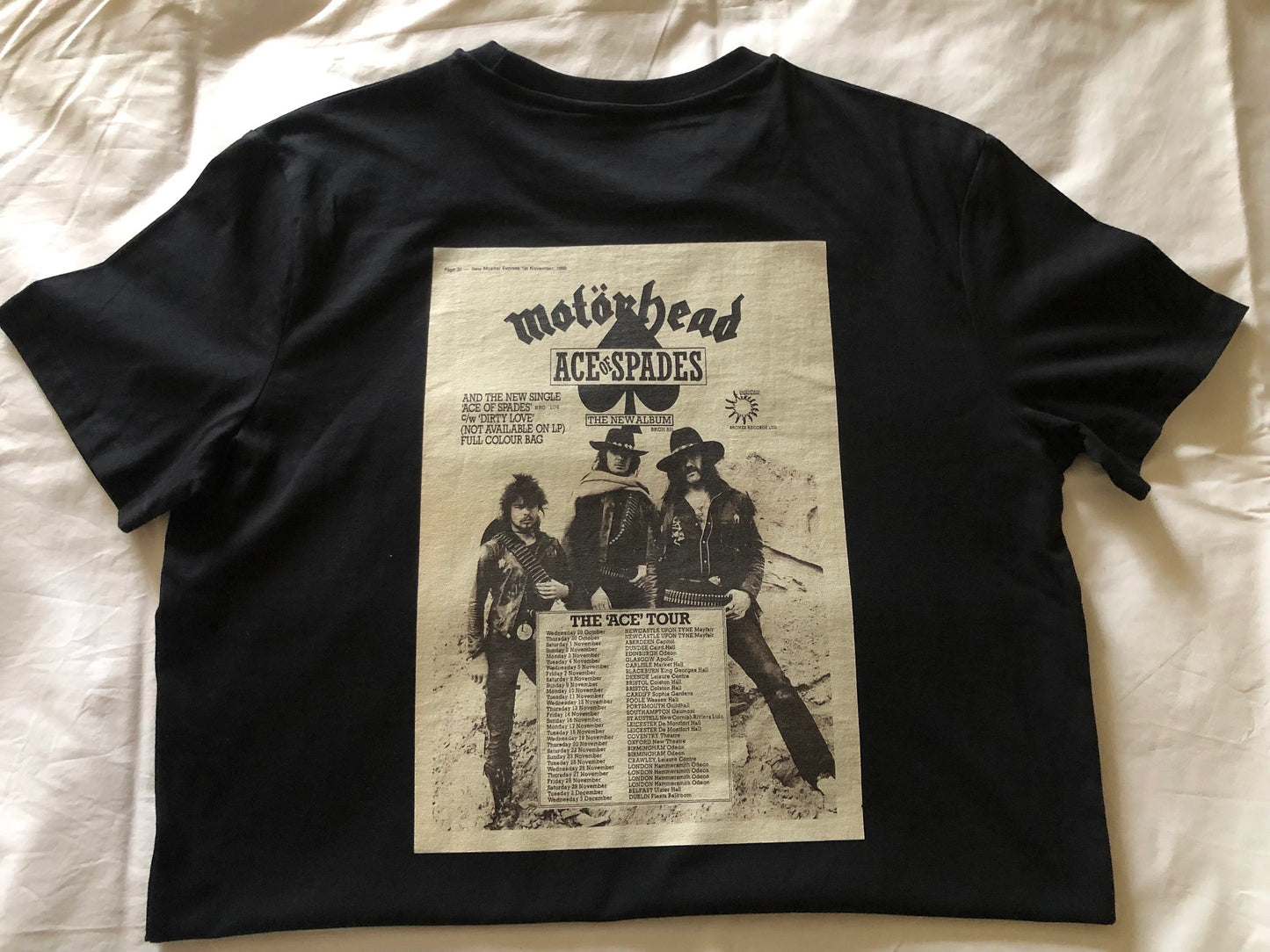 MOTÖRHEAD - 1980 “ Ace of Spades “ T Shirt . Featuring the tour advert and corresponding ticket