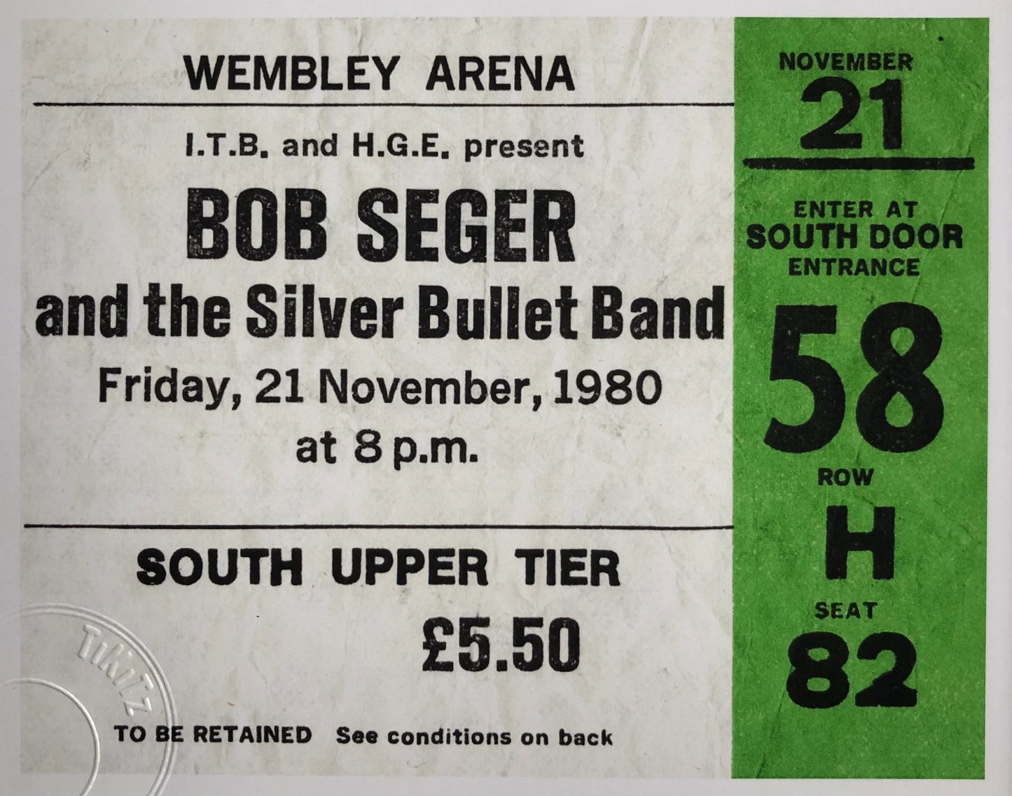 BOB SEGER and the SILVER BULLET BAND- 1980 Wembley Arena , London framed ticket giclee print