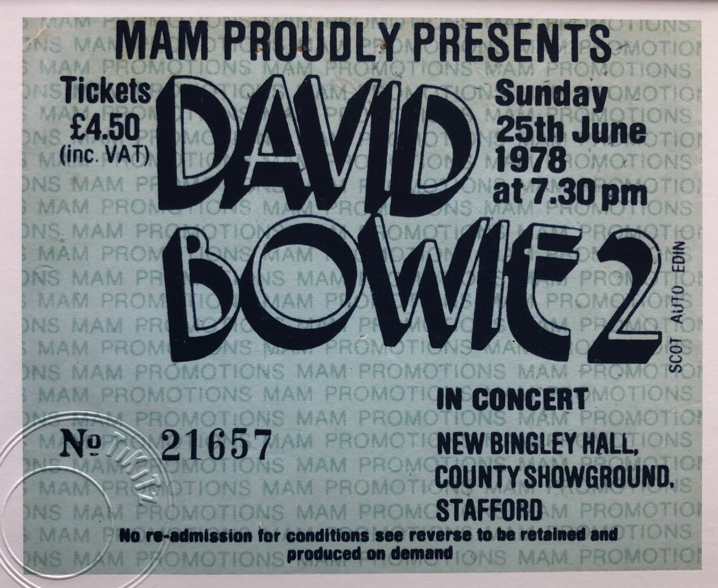 DAVID BOWIE - 1978 New Bingley Hall, Stafford framed ticket giclee print