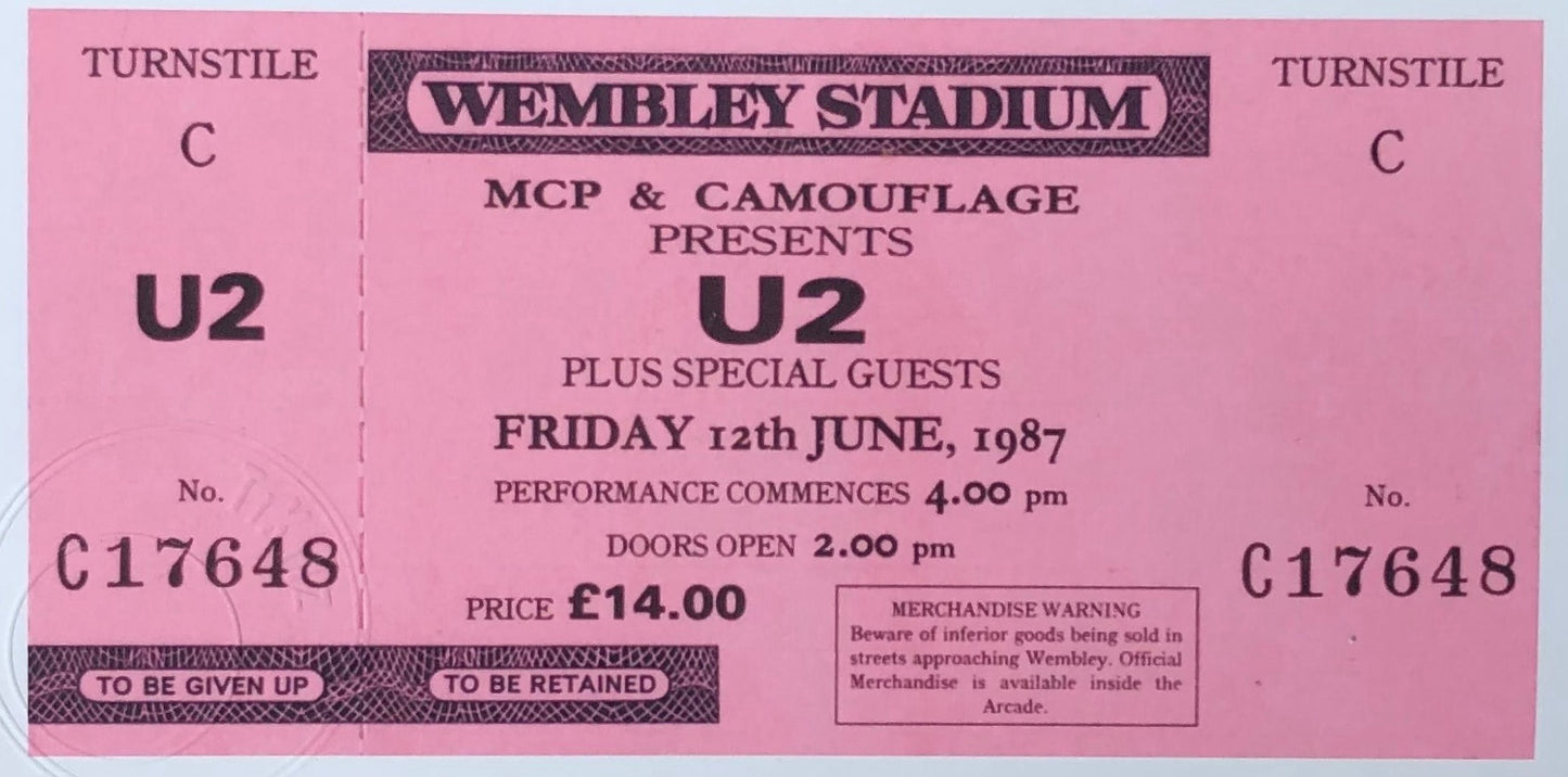 U2 - 1987 “ Joshua Tree tour “ Wembley Stadium , London framed ticket giclee print