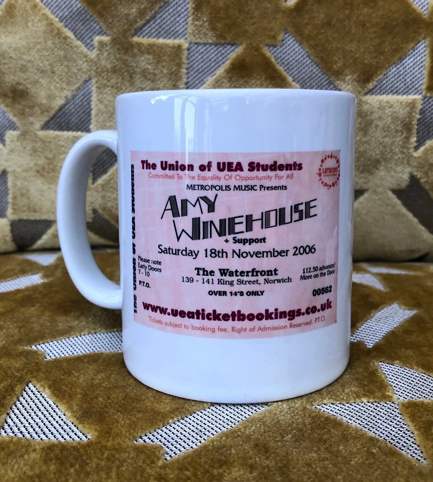 AMY WINEHOUSE - 11oz ceramic mug featuring the 2006 UEA, Norwich ticket on both sides