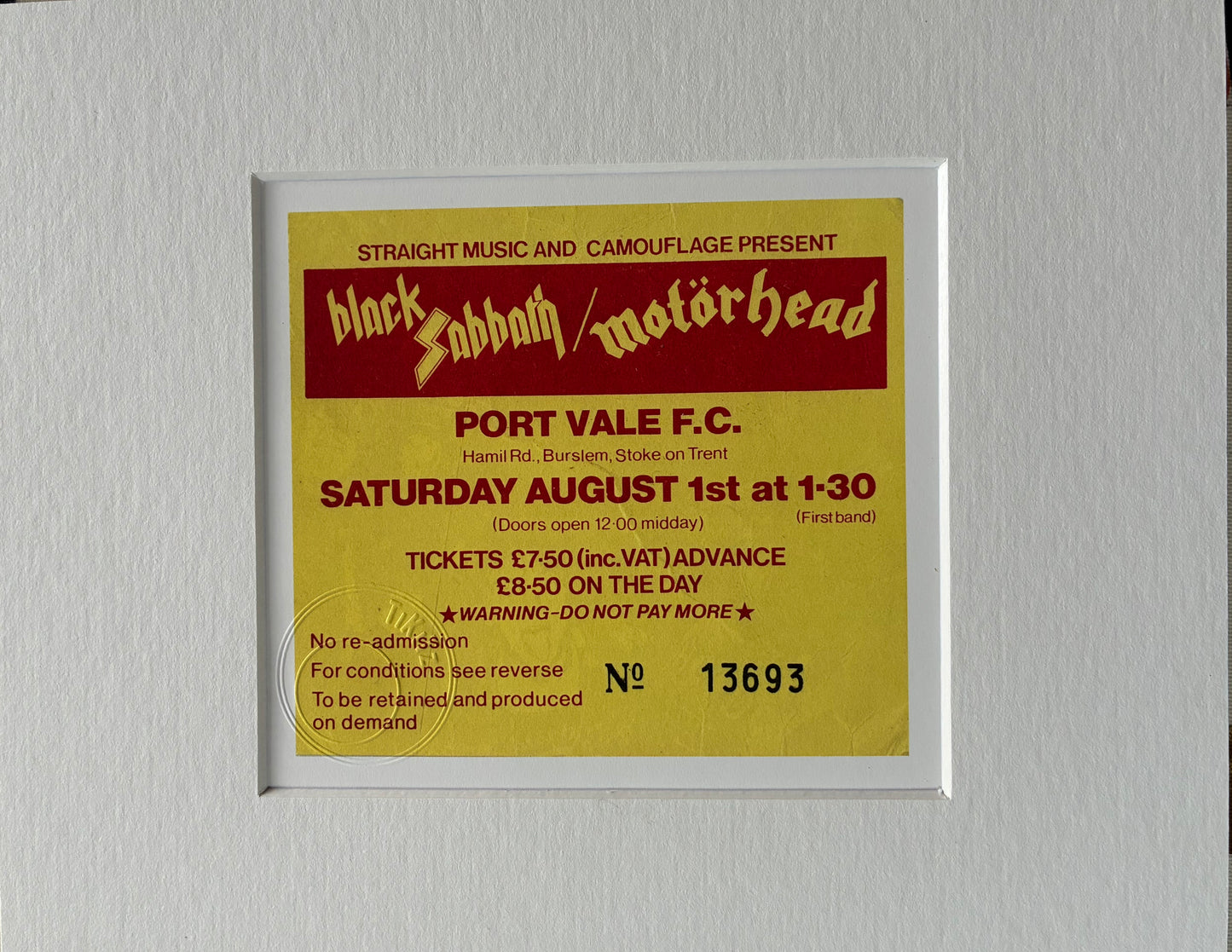 OZZY OSBOURNE / RANDY RHOADS / MOTORHEAD- 1981 Port Vale F.C framed ticket giclee print