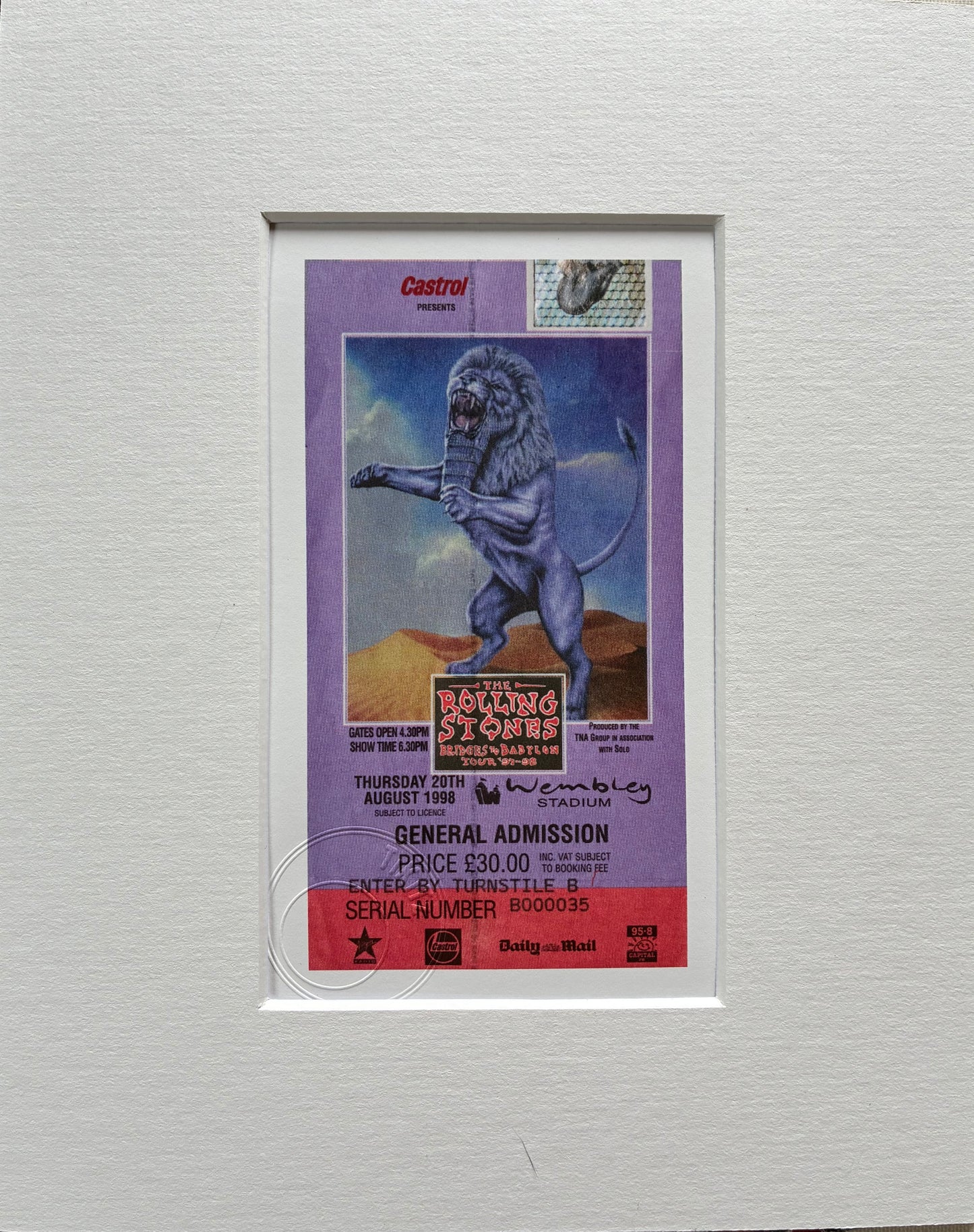 ROLLING STONES - 1998 A Wembley Stadium , London framed ticket giclee print