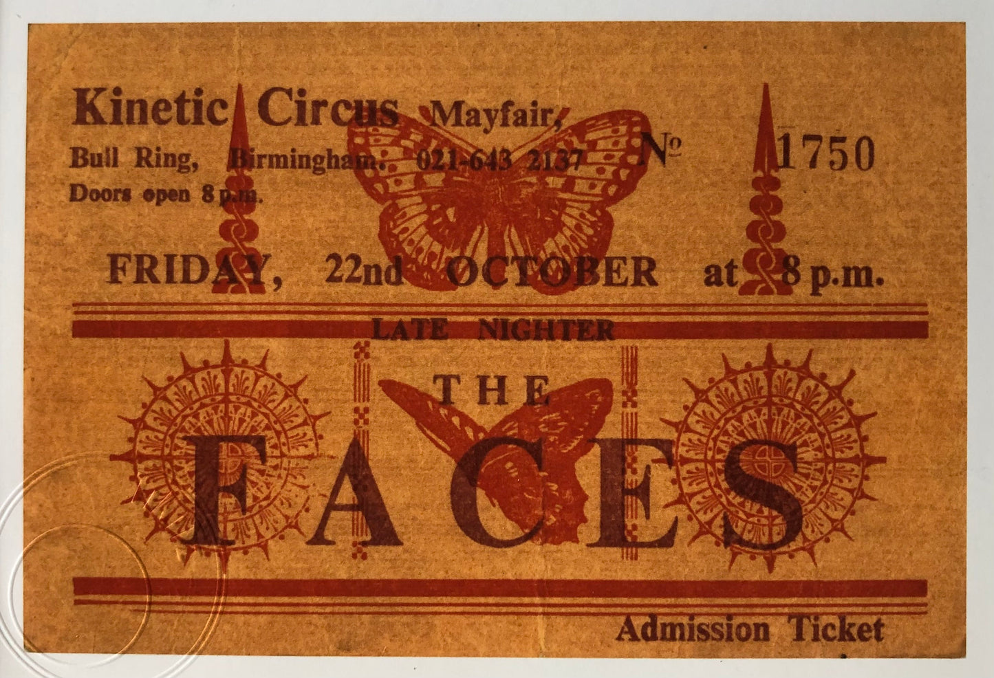 THE FACES / ROD STEWART - 1971 Kinetic Circus Mayfair, Birmingham framed ticket giclee print