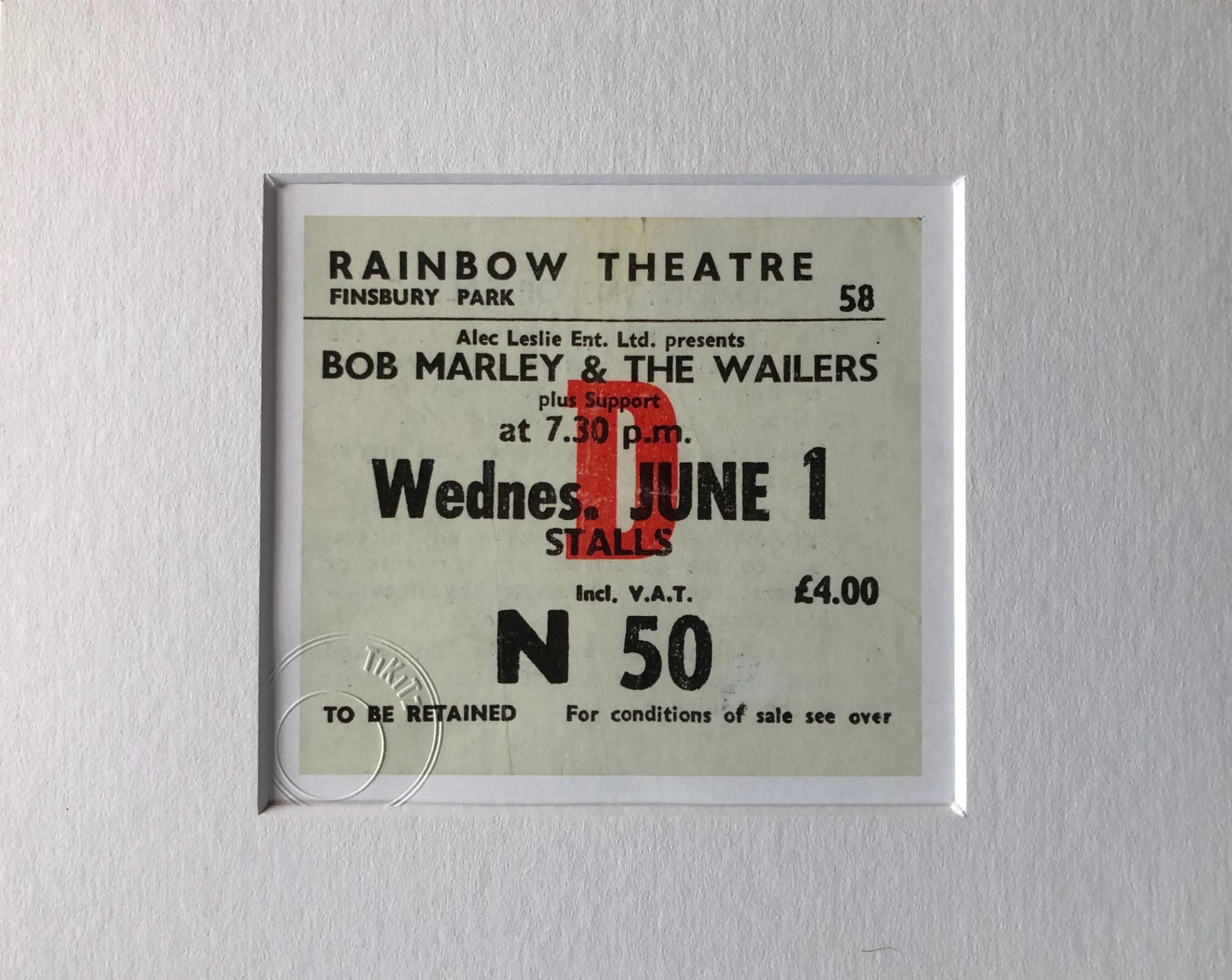BOB MARLEY and the WAILERS - 1977 Rainbow Theatre, Finsbury Park, London framed ticket giclee print