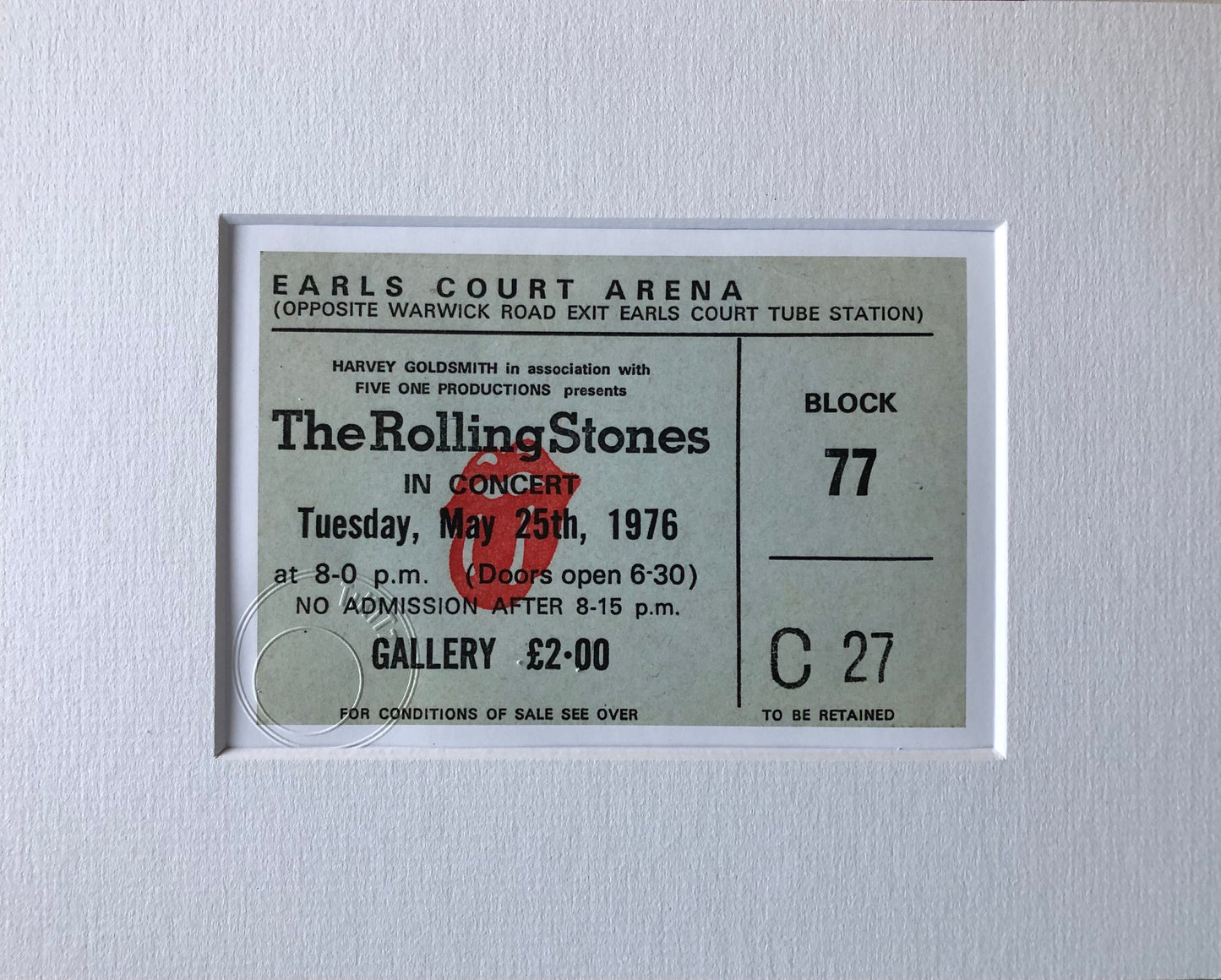 ROLLING STONES - 1976 Earls Court Arena, London framed ticket giclee print