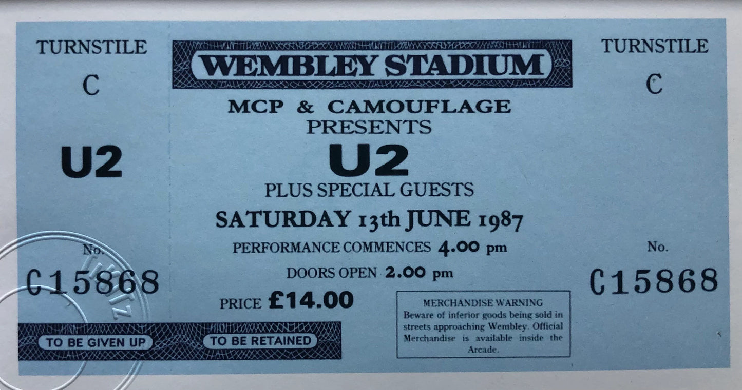 U2 - 1987 “ Joshua Tree tour “ Wembley Stadium , London framed ticket giclee print