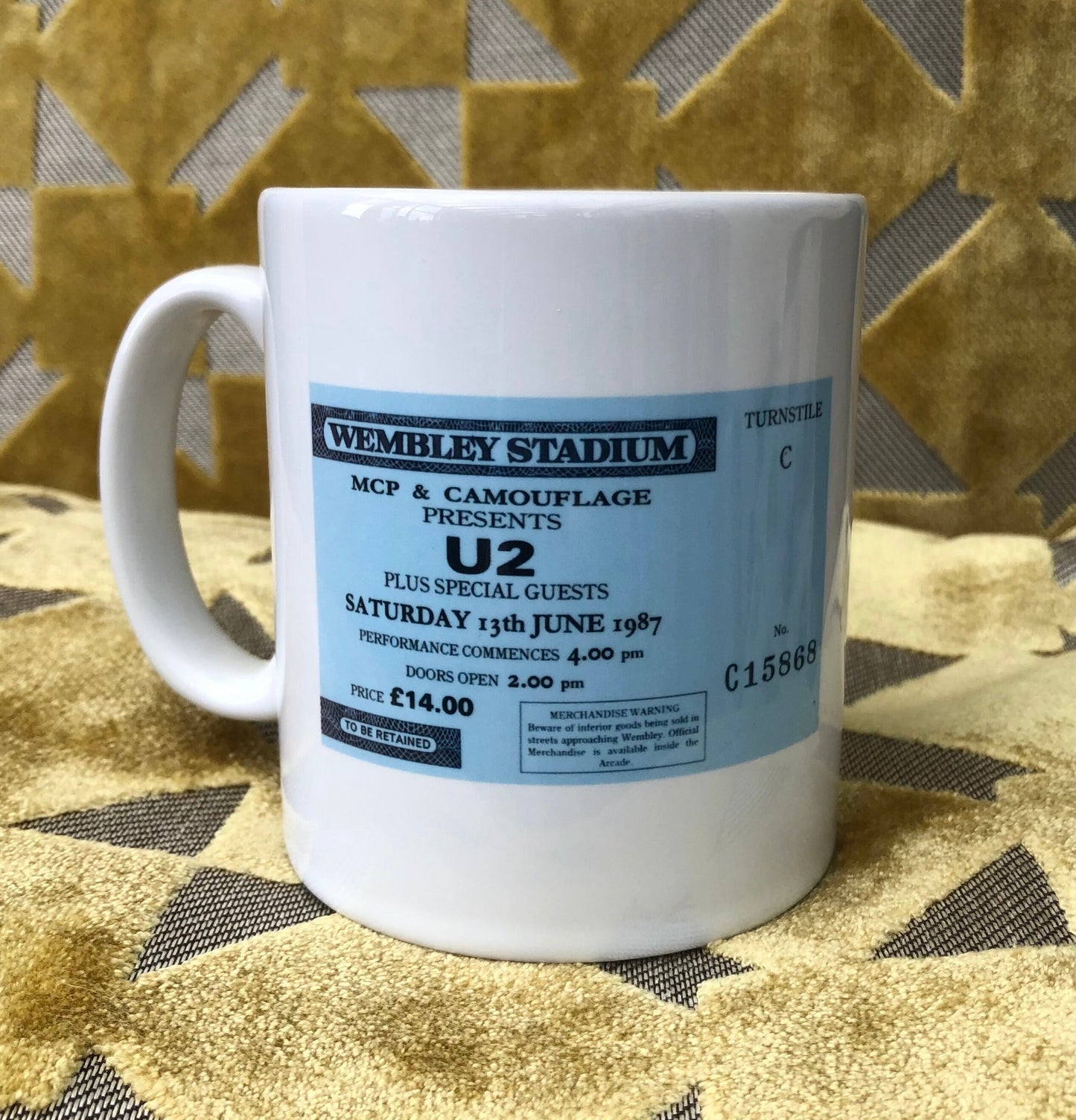 U2 - 11oz ceramic mug featuring the 1987 “ Joshua Tree tour” Wembley Stadium , London ticket on both sides
