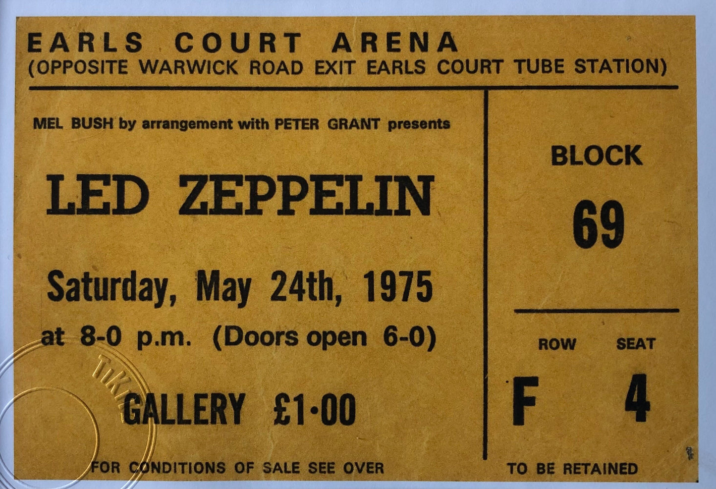 LED ZEPPELIN - 1975 Earls Court , London framed ticket giclee print