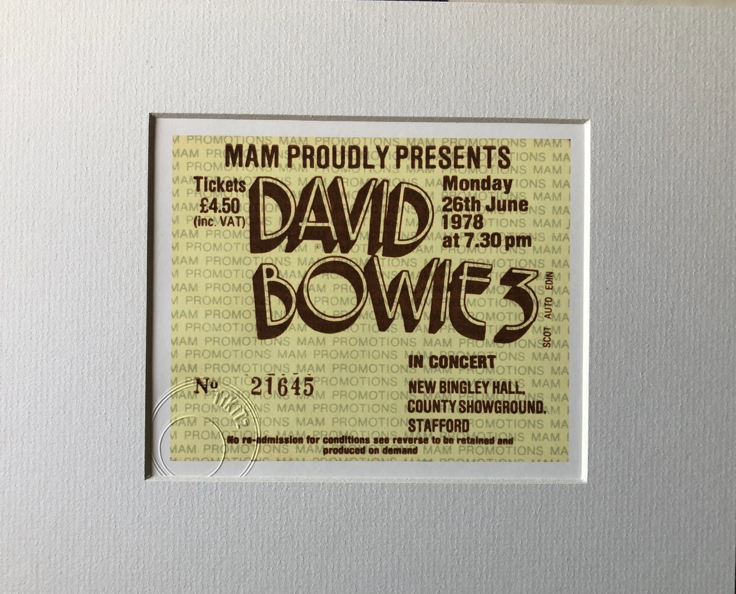 DAVID BOWIE - 1978 New Bingley Hall, Stafford framed ticket giclee print