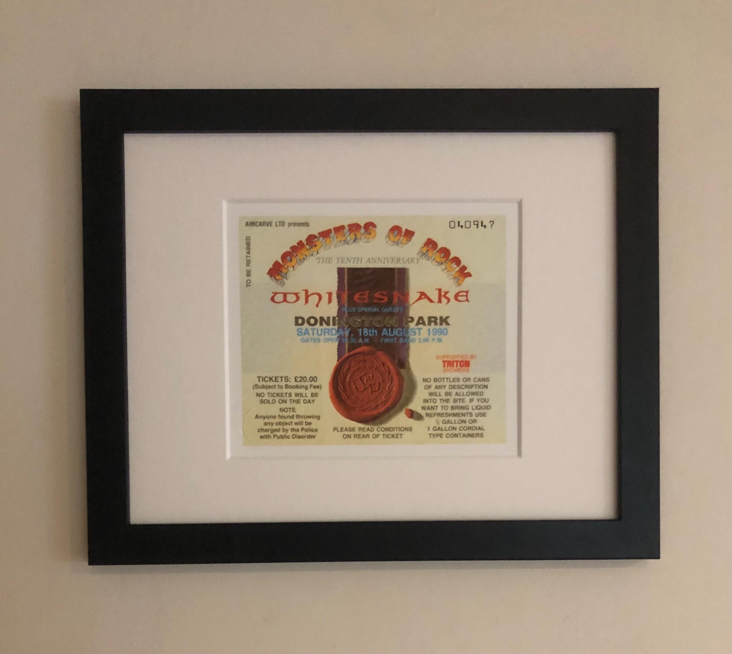WHITESNAKE - 18/8/1990 Monsters of Rock at Donington Park framed ticket giclee print