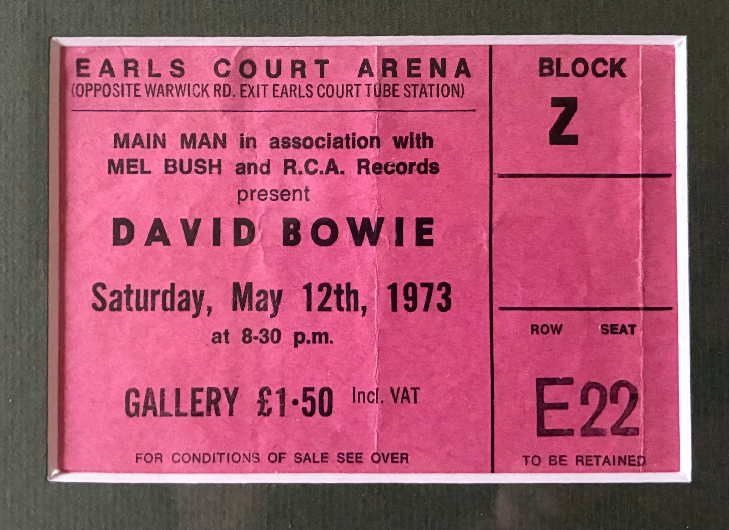 DAVID BOWIE - 1973 “ Aladdin Sane tour “ concert advert and original ticket for the Earls Court, London concert on 12/5/1973 . Framed