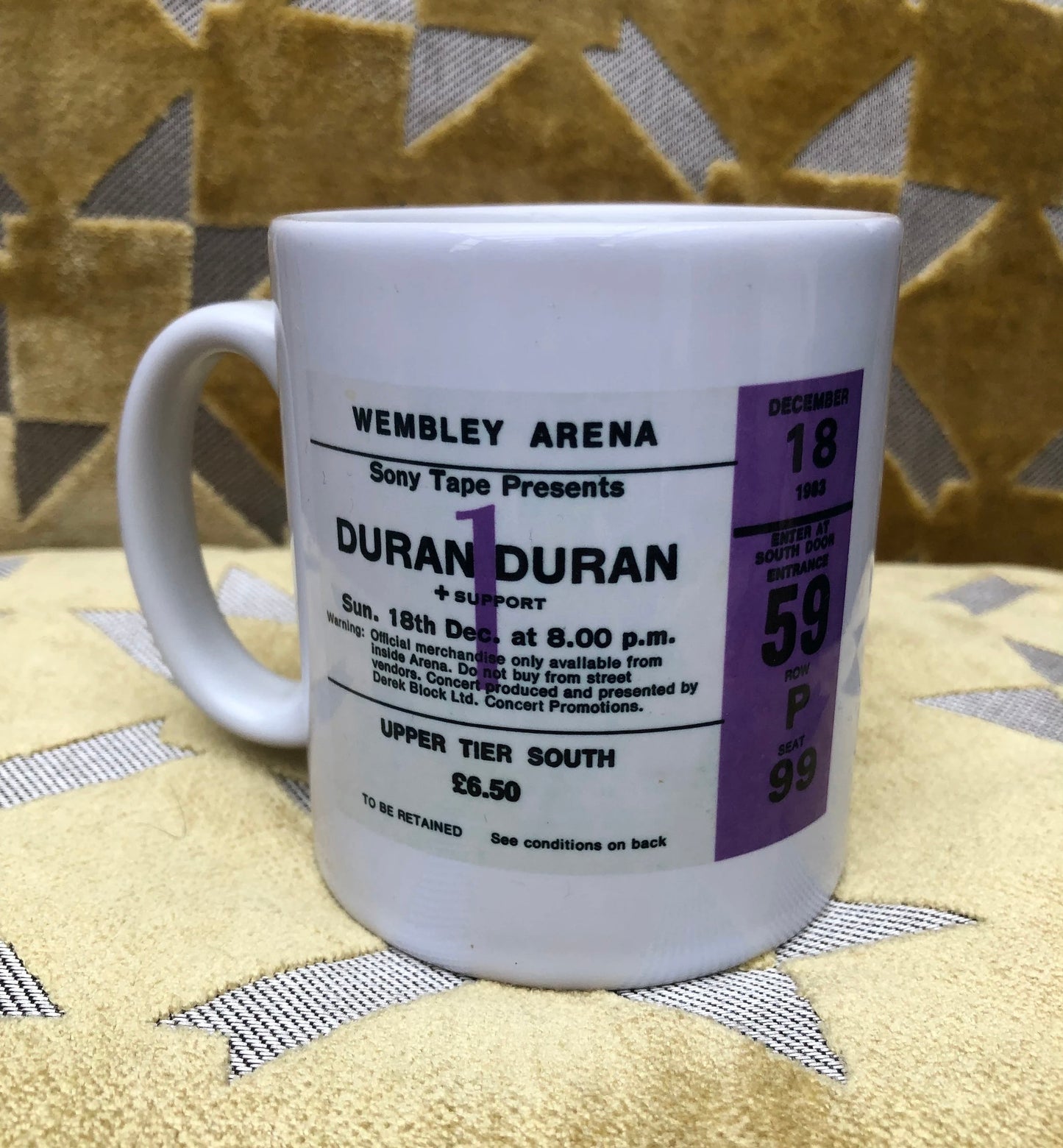 DURAN DURAN - 11oz ceramic mug featuring the 1983 Wembley Arena, London ticket on both sides