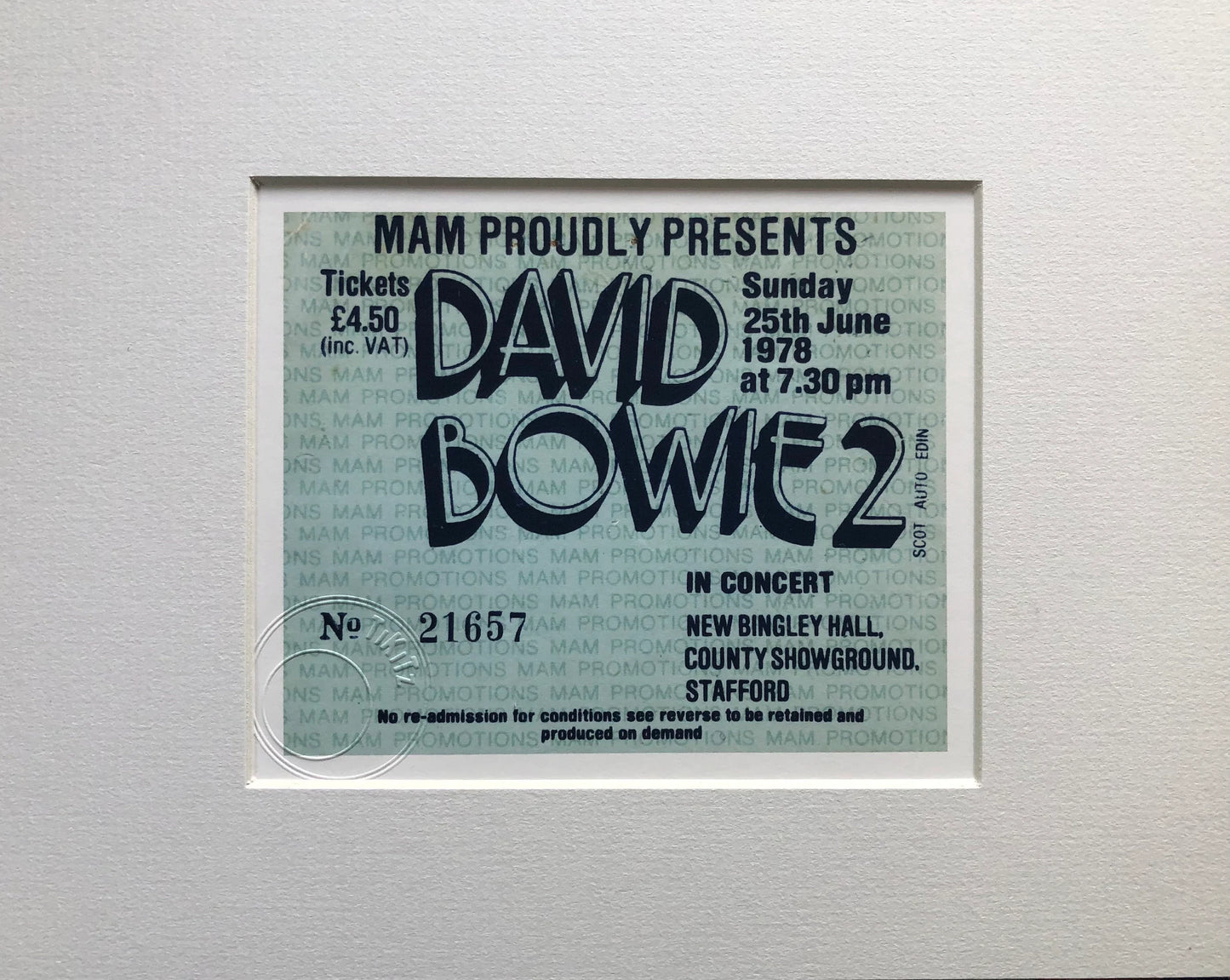 DAVID BOWIE - 1978 New Bingley Hall, Stafford framed ticket giclee print