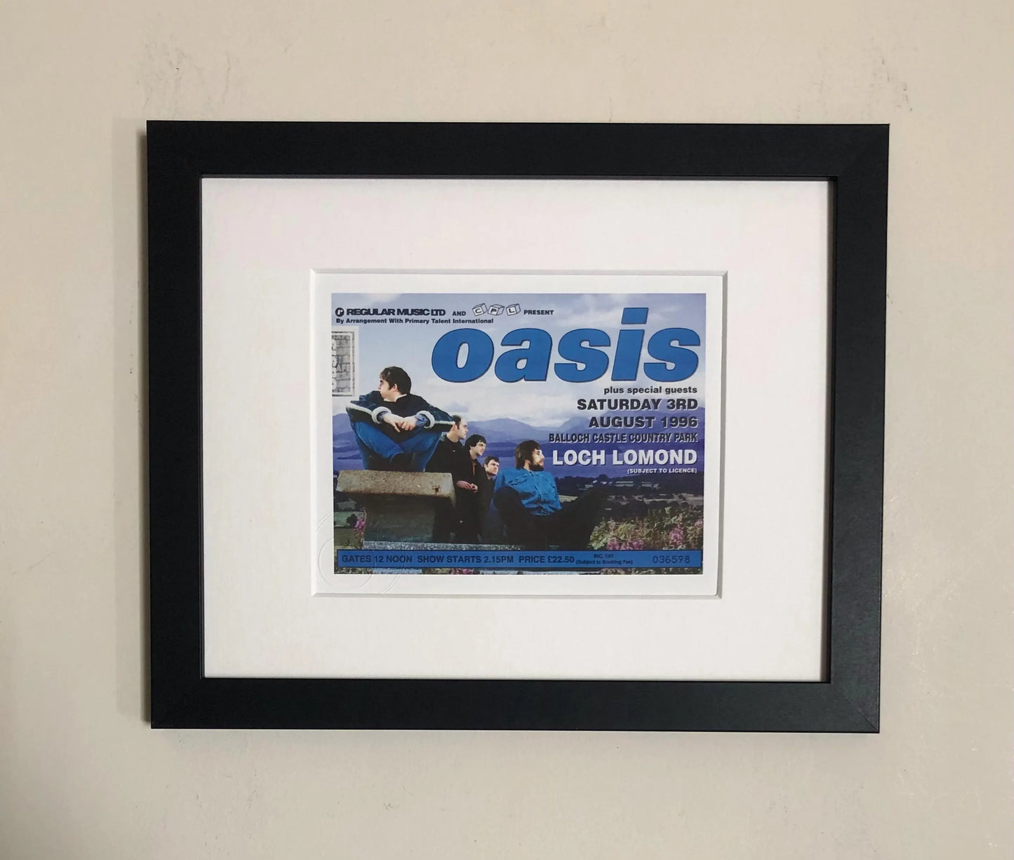 OASIS - 3/8/1996 Loch Lomond, Balloch Castle Country Park framed ticket giclee print