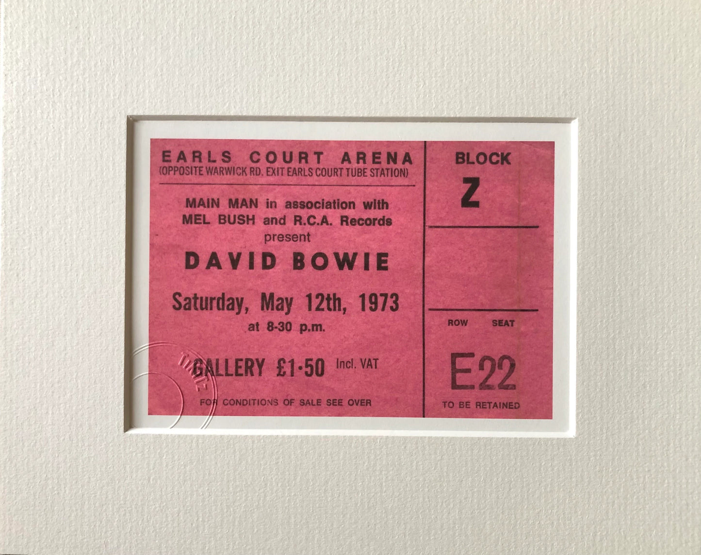 DAVID BOWIE - 1973 Earls Court Arena, London framed ticket giclee print
