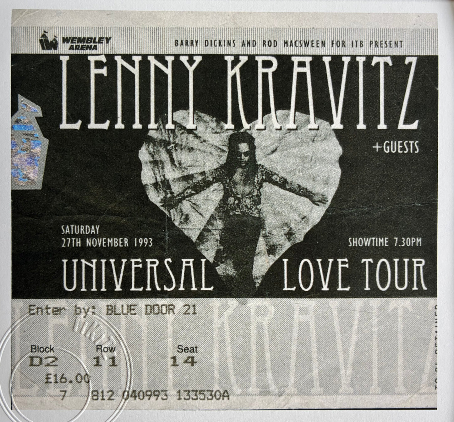 LENNY KRAVITZ - 27/11/1993 Wembley Arena, London framed ticket giclee print
