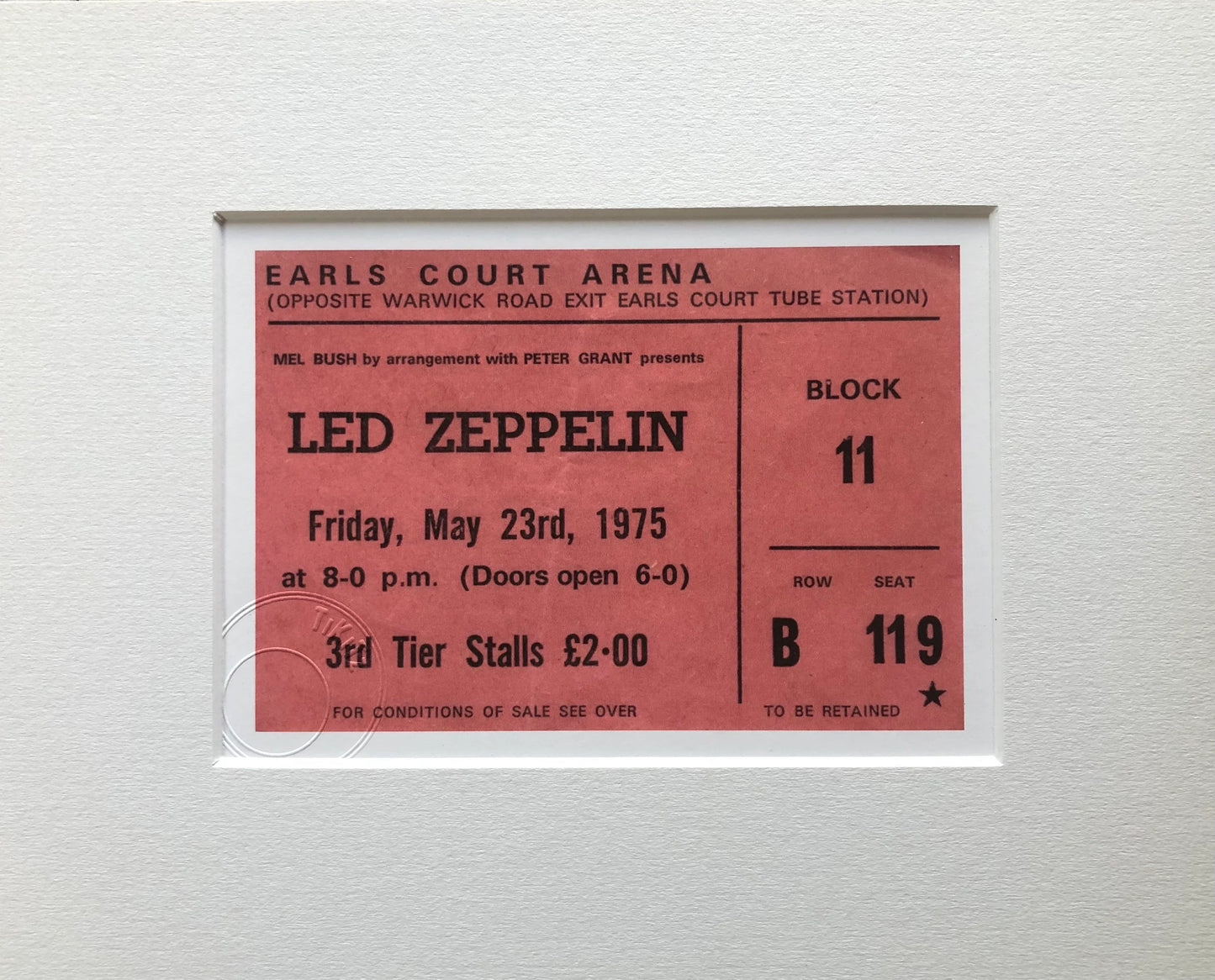LED ZEPPELIN - 1975 Earls Court , London framed ticket giclee print