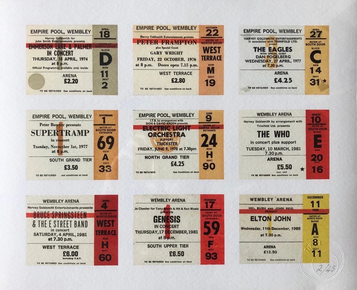 MUSIC ICONS WEMBLEY TICKETS 1 - A framed limited edition ticket giclee print. Featuring 9 different Artist / Band tickets .Edition size 45