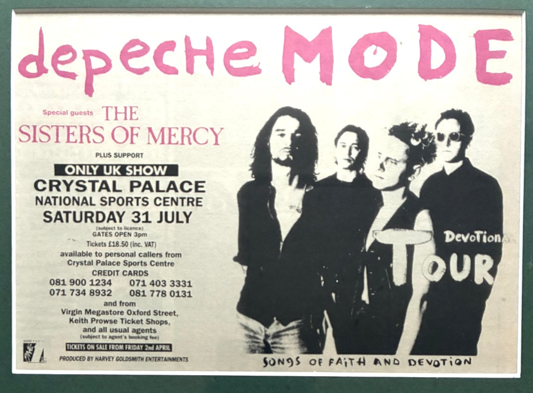 DEPECHE MODE - 1993 “ DevoTional tour “ concert advert and original ticket for the Crystal Palace National Sports Centre concert on 31/7/1993 . Framed