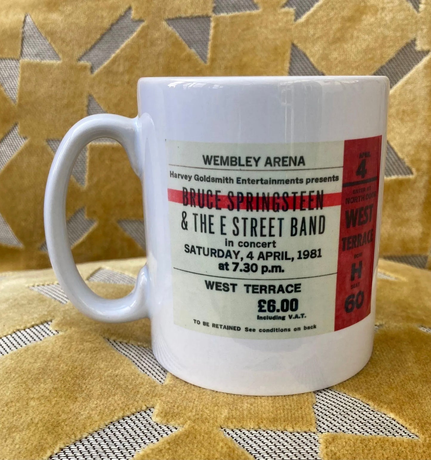 BRUCE SPRINGSTEEN and the E STREET BAND - 11oz ceramic mug featuring the 1981 Wembley Arena, London ticket on both sides
