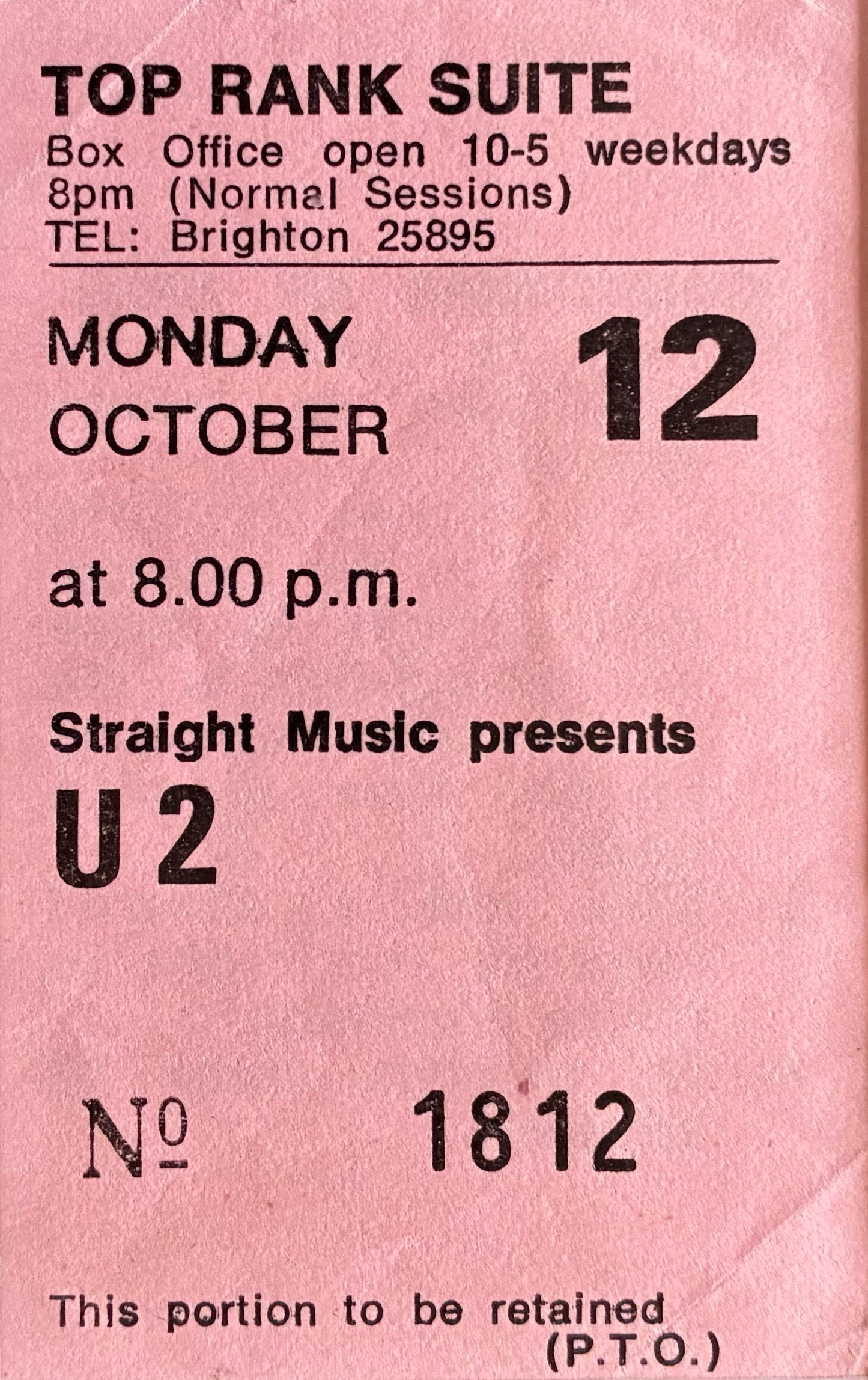 U2 - 1981“ October tour “ concert advert and original ticket for the Top Rank Suite, Brighton concert on 12/10/1981 . Framed