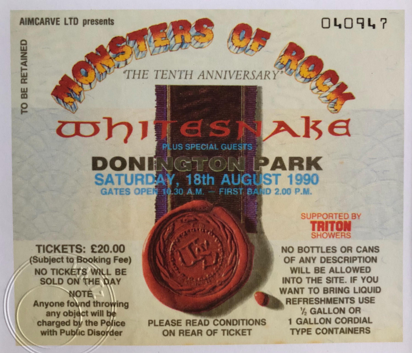 WHITESNAKE - 18/8/1990 Monsters of Rock at Donington Park framed ticket giclee print