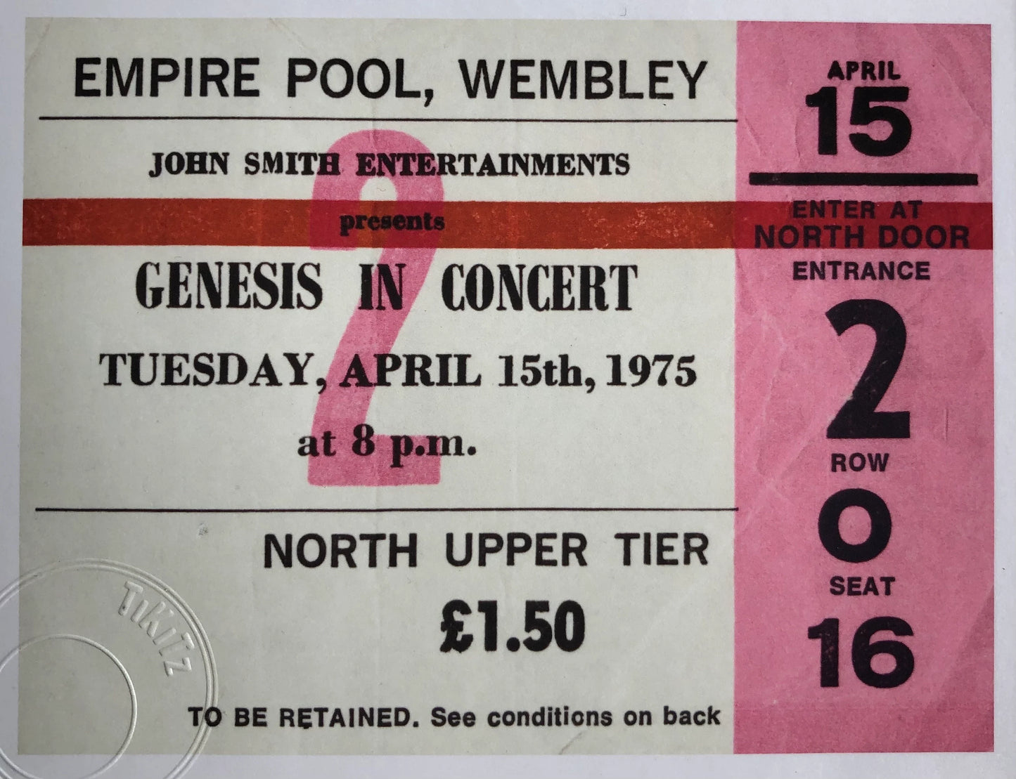 GENESIS- 1975 Empire Pool , Wembley London framed ticket giclee print