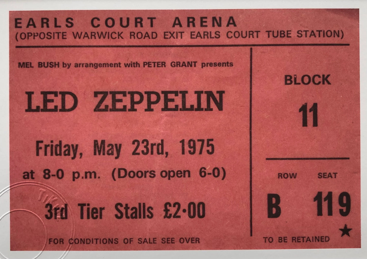 LED ZEPPELIN - 1975 Earls Court , London framed ticket giclee print