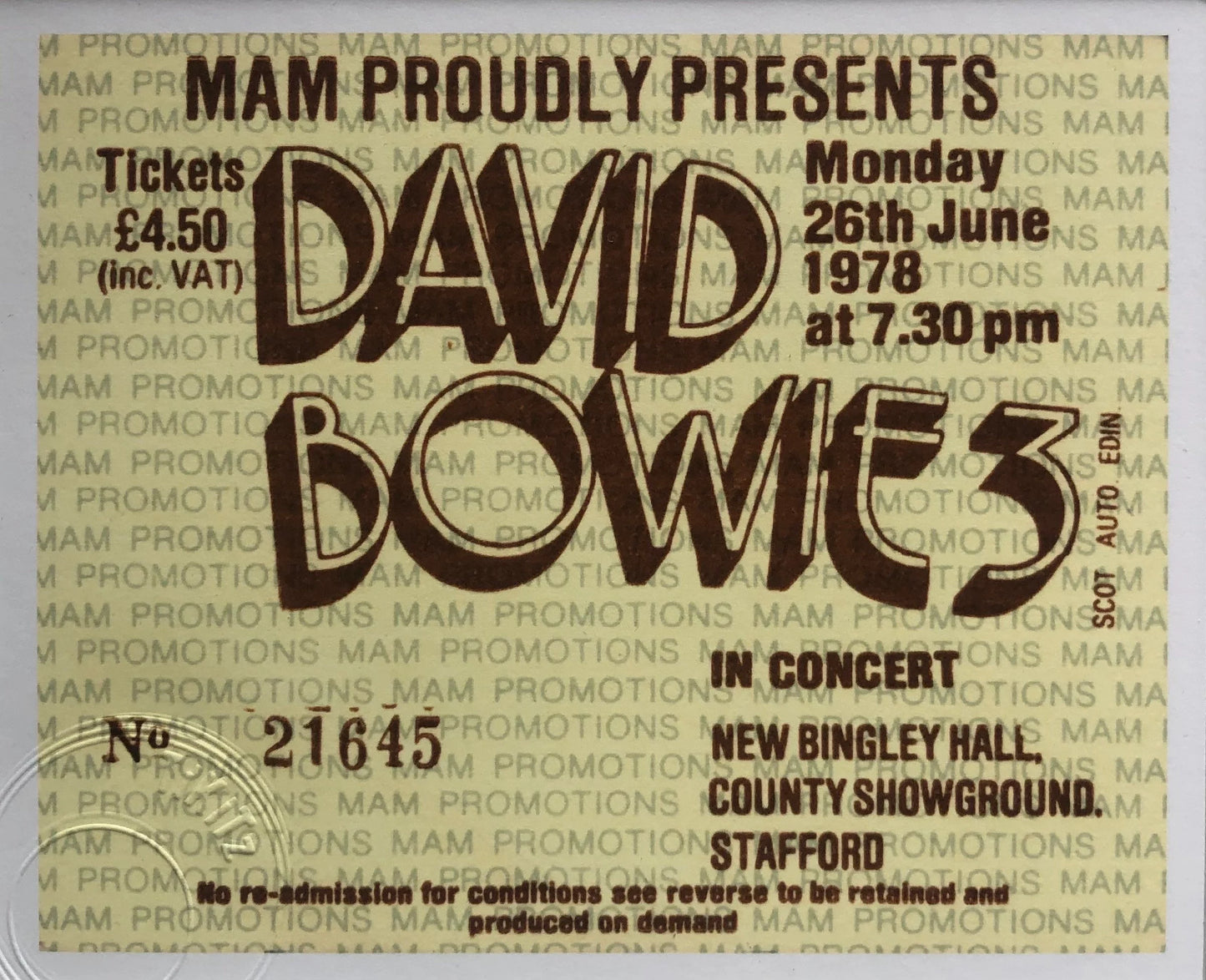 DAVID BOWIE - 1978 New Bingley Hall, Stafford framed ticket giclee print