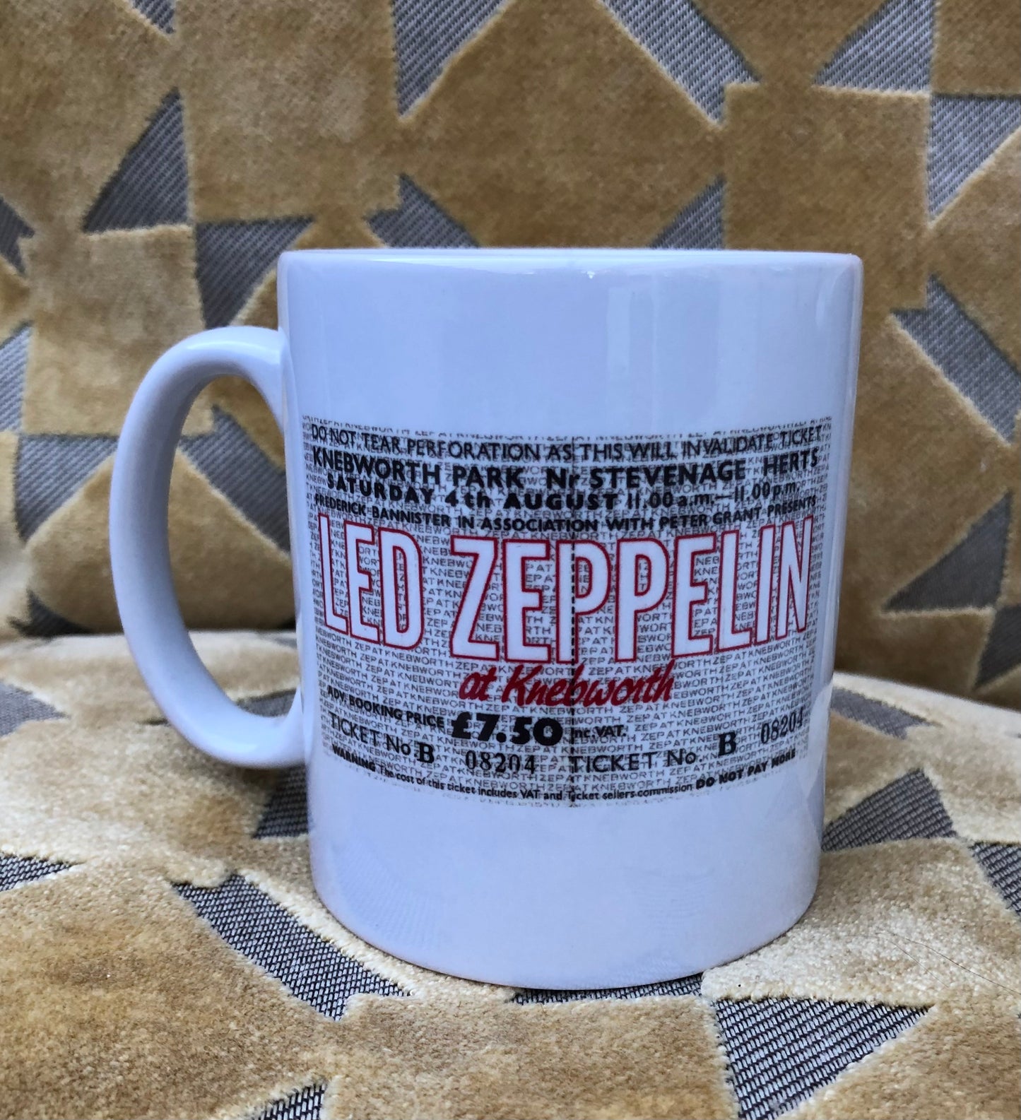 LED ZEPPELIN - 11oz ceramic mug featuring the 4/8/1979 “ Knebworth Park, Nr Stevenage, Herts concert ticket on both sides